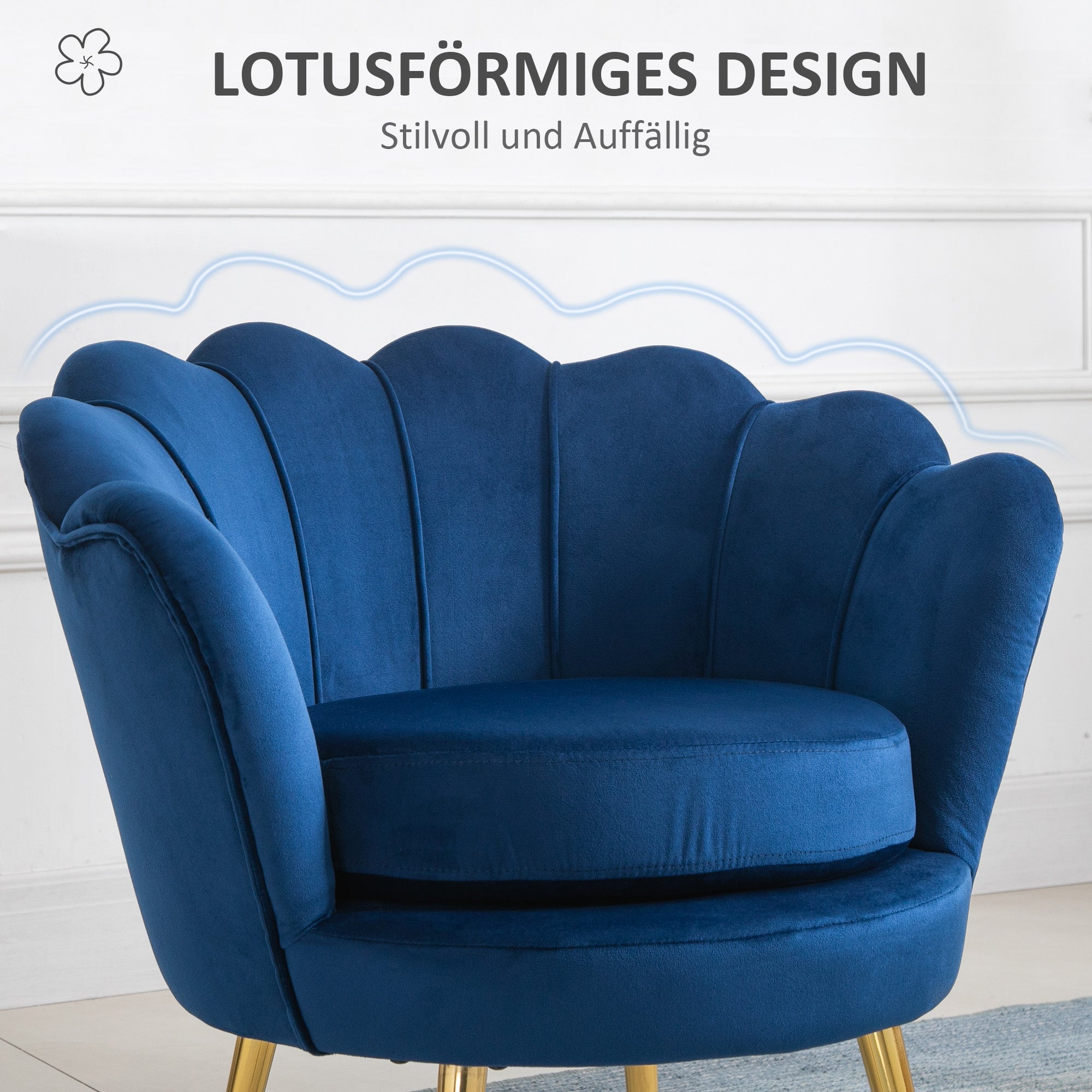 HOMCOM Lounge-Sessel, Vintage-Sessel in Samtoptik, Metallgestell, 76 x 67 x 74 cm, Blau