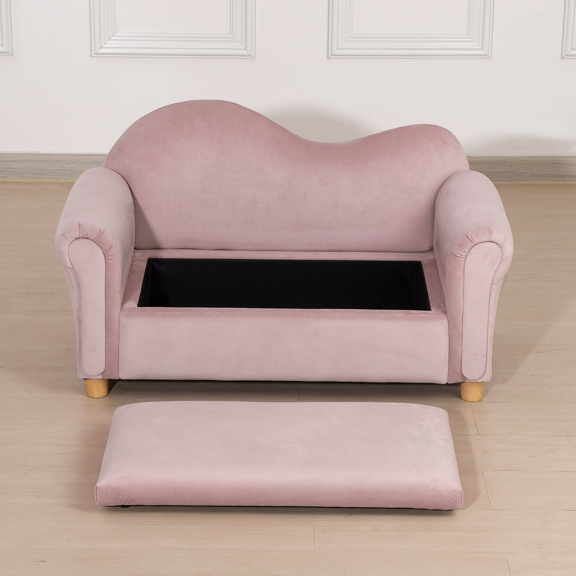 HOMCOM Kindersofa, Zweisitzer für Kinder 3-5 Jahre, Stauraum, Naturholzrahmen, 84 x 41,5 x 48,5cm, rosa