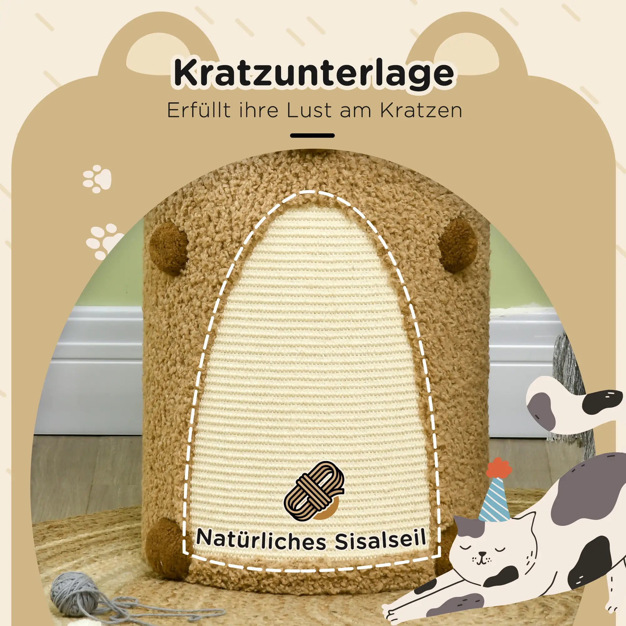 PawHut Kratztonne im Bärendesign, 2 Katzenhöhlen, 1 Kratzfläche, Weiß + Braun