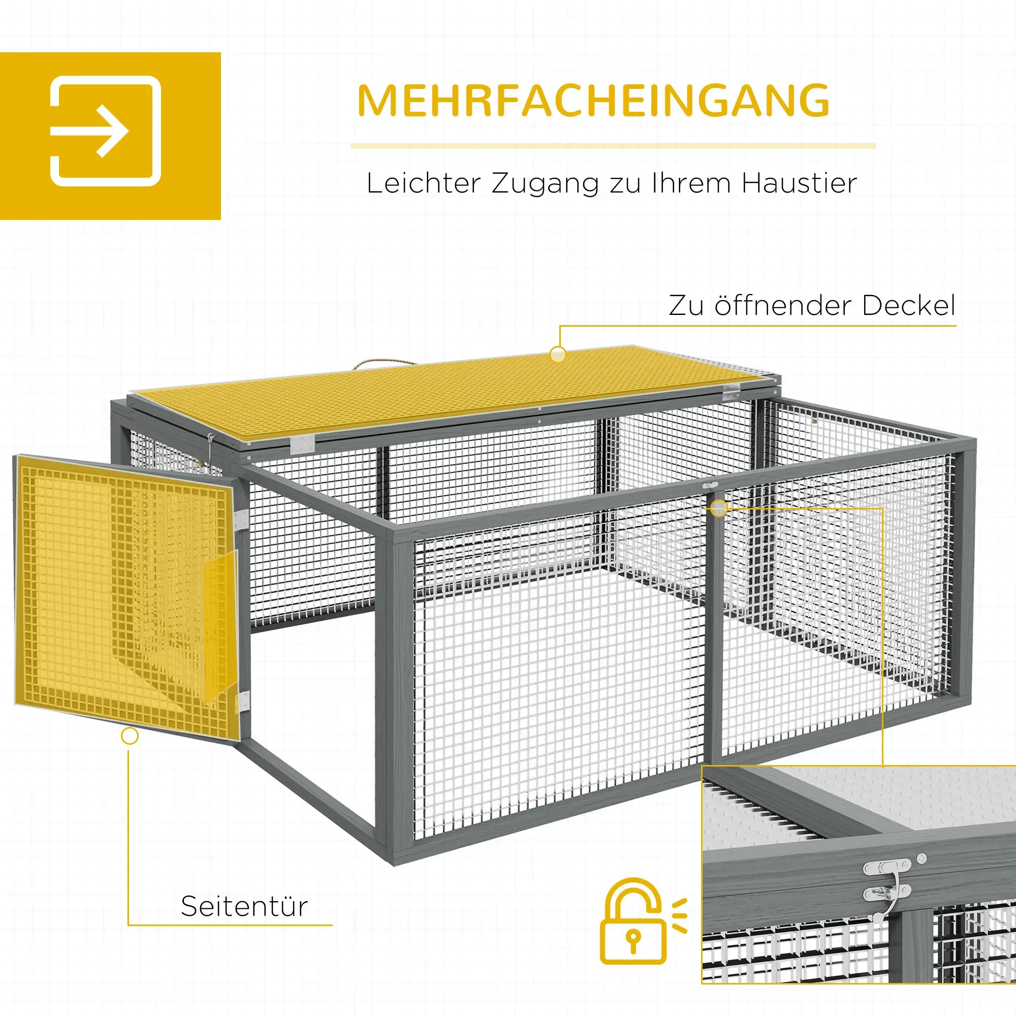 PawHut Klappbarer Kaninchenstall Grau aus Holz mit Freilauf & Dachgriff