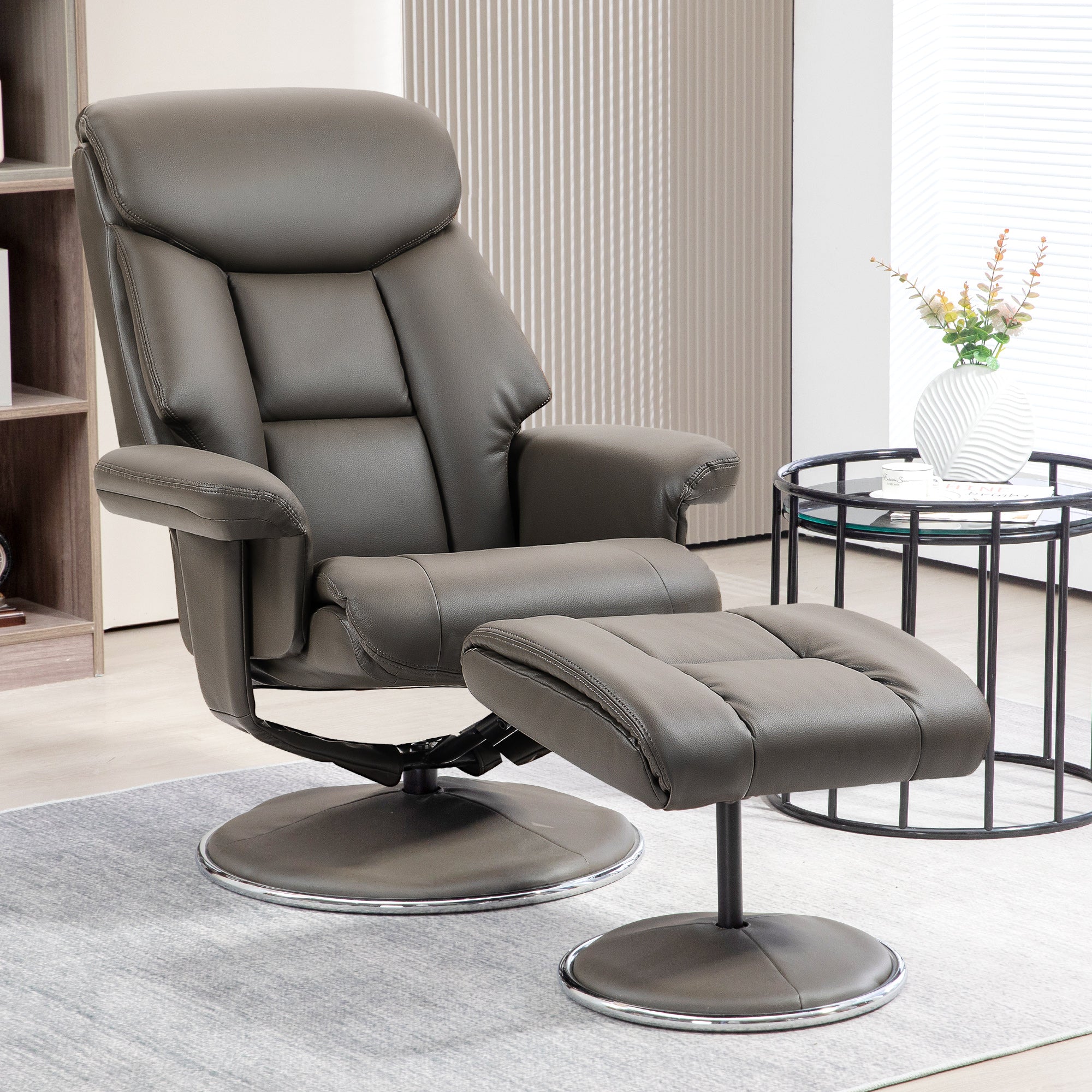 HOMCOM Relaxsessel mit Hocker, Rückenlehne verstellbar, Kunstleder, bis 150 kg, Grau