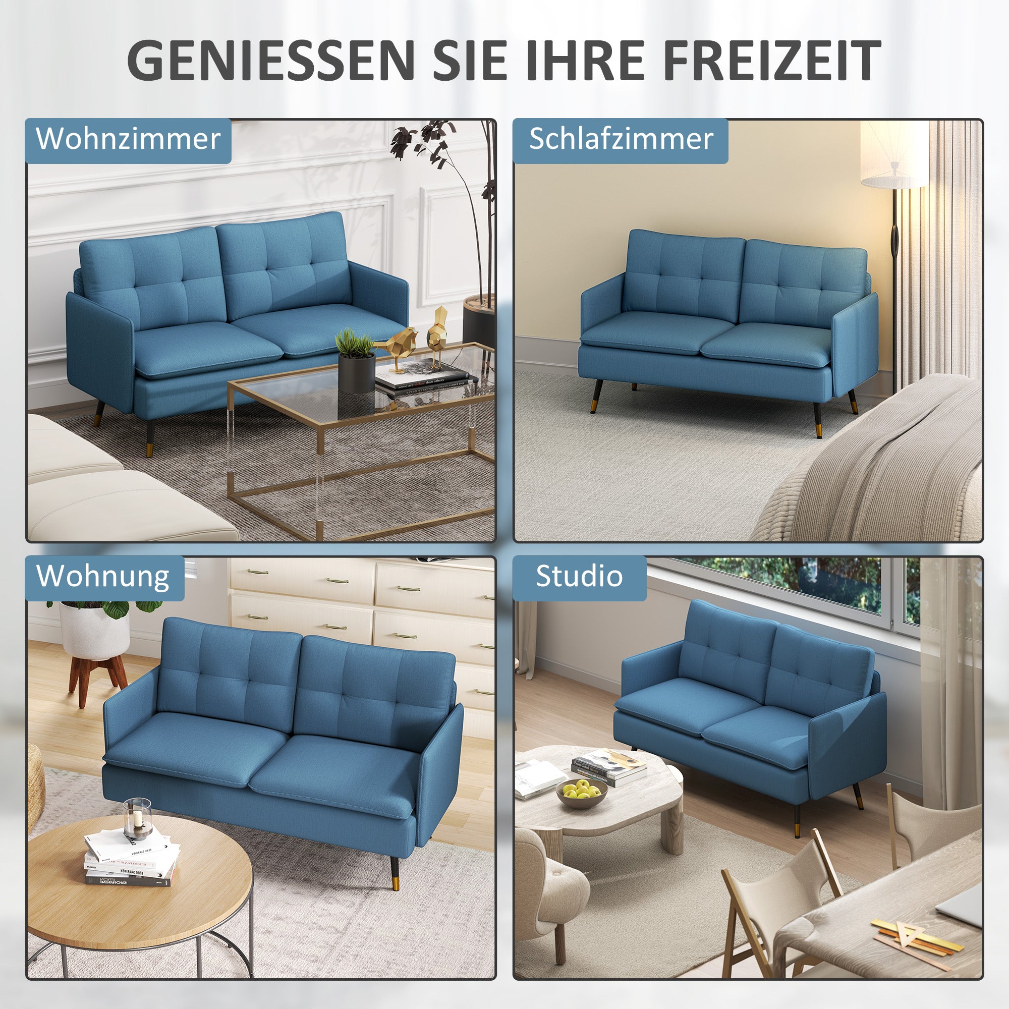 HOMCOM 2er-Sofa im Retrodesign, mit Knopfheftung, Sofa, Leinenoptik, Dunkelblau