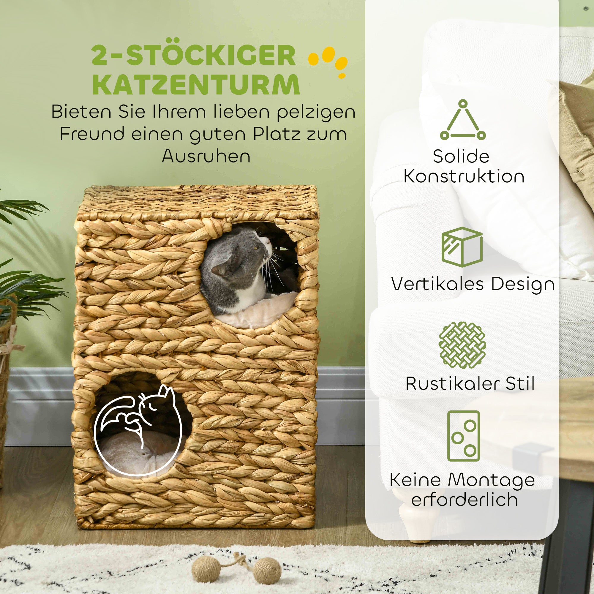 PawHut 2-stöckiges Katzenhaus mit 2 Schlafhöhlen, waschbare Kissen, Wasserhyazinthe, 40x31x55 cm, Hellbraun