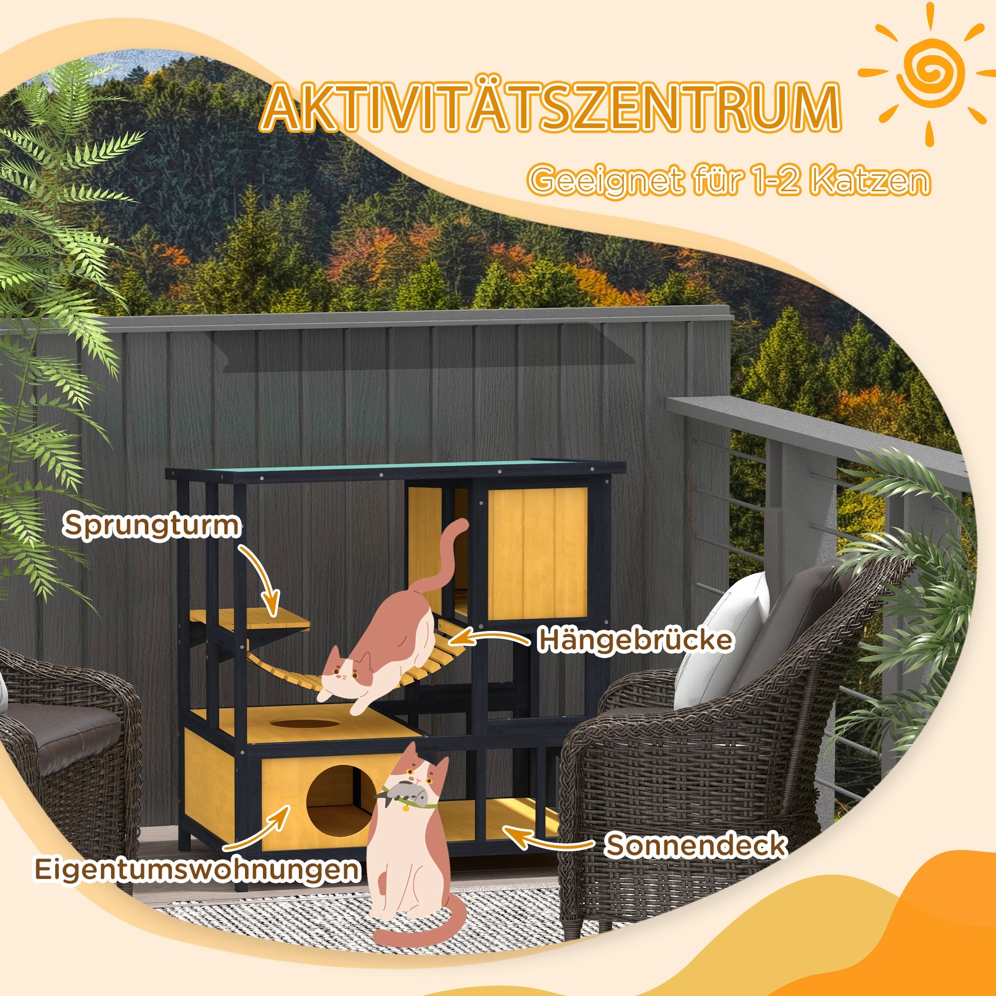 PawHut Katzenhaus Katzenhütte Katzenhöhle, wetterbeständig, 1 Rampe, 1 Plattform,  84,5 x 60 x 88 cm, Grün + Natur