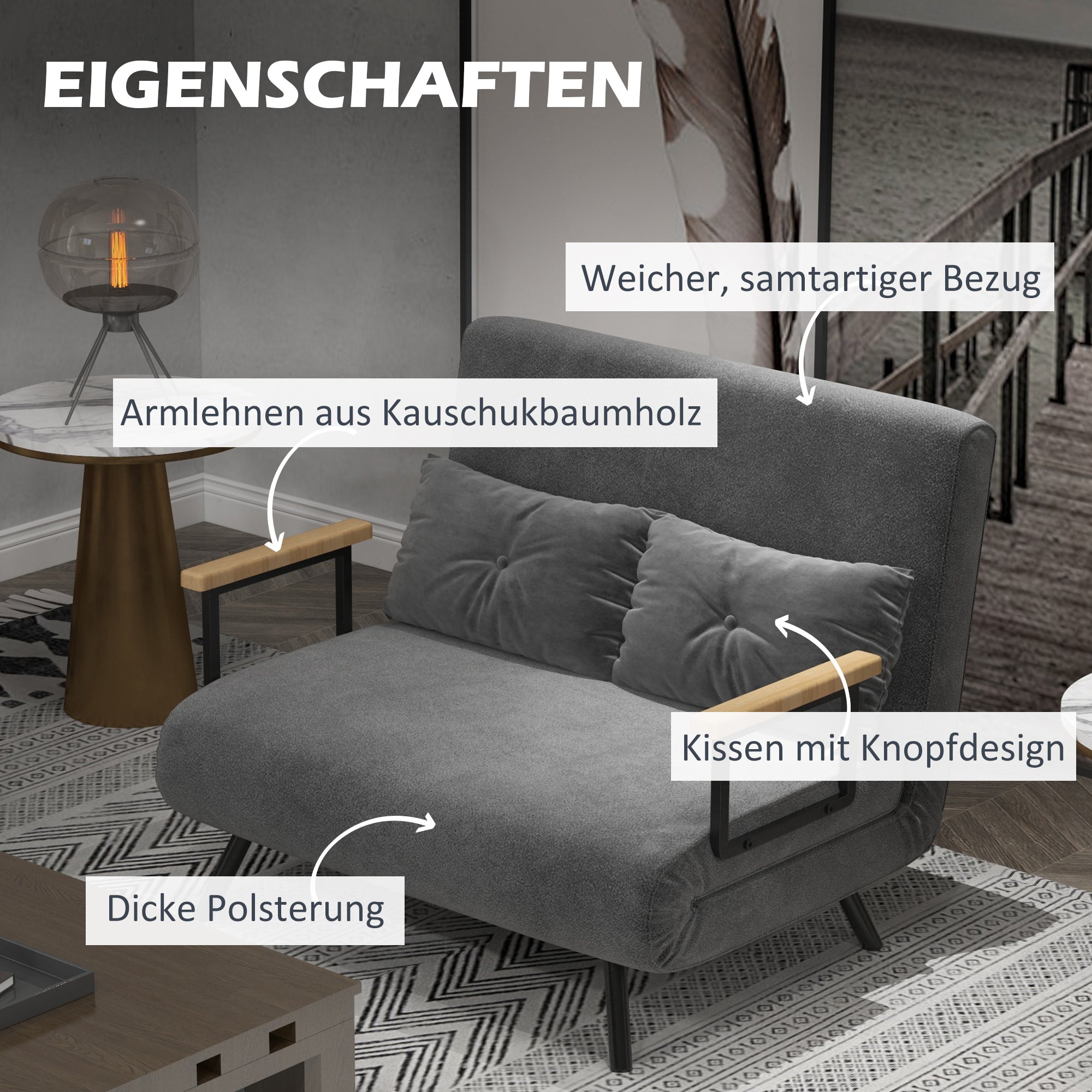 HOMCOM Schlafsofa 2er-Sofa Samtsofa, Schlaffunktion, inkl. 2 Kissen, Samtoptik, Natur + Dunkelgrau + Schwarz