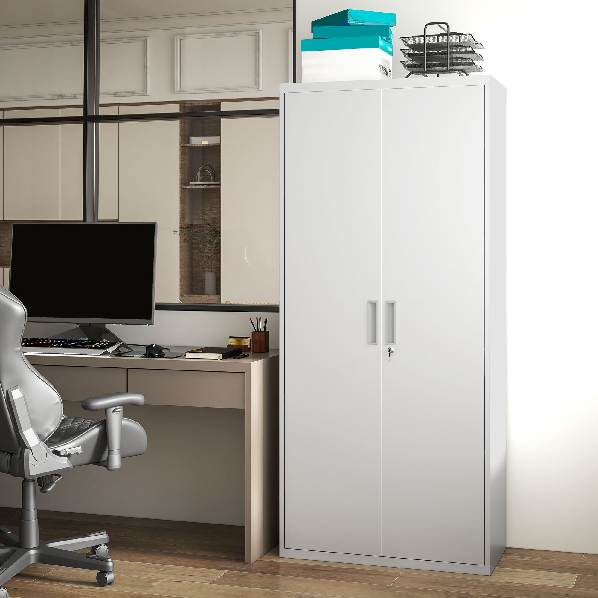 HOMCOM Aktenschrank, Büroschrank, 5 Regale, Metall, 80B x 40T x 180H cm, Weiß