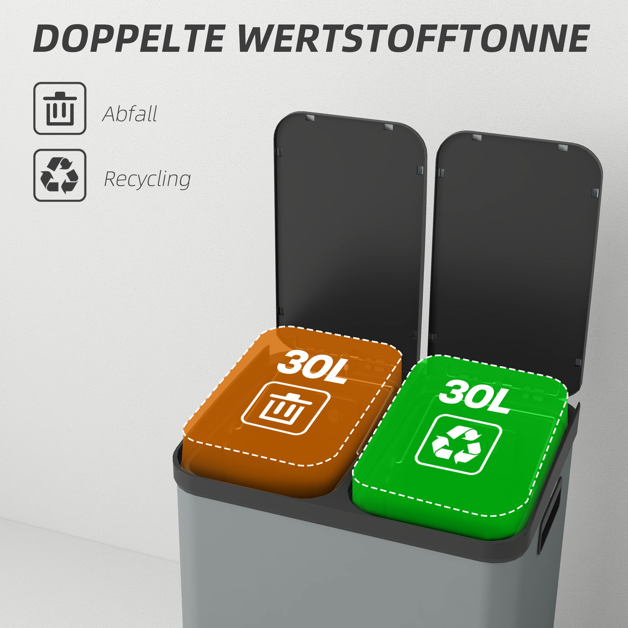HOMCOM Doppelfach-Mülleimer, 2 x 30L, fingerabdruckresistent, Pedal, herausnehmbare Inneneimer, Grau