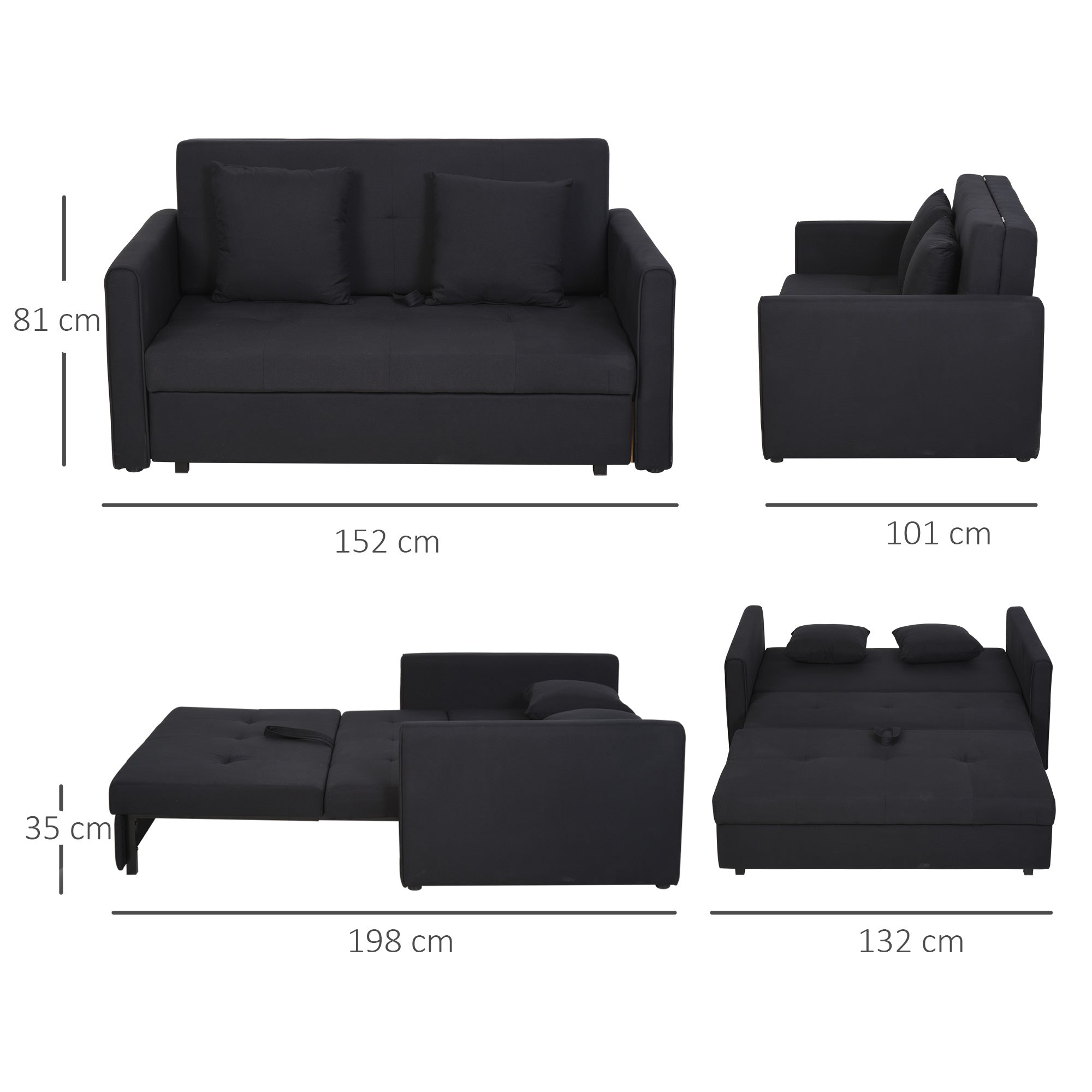 HOMCOM Schlafsofa, 2er-Sofa, mit verstecktem Stauraum, Pollycotton, Dunkelgrau