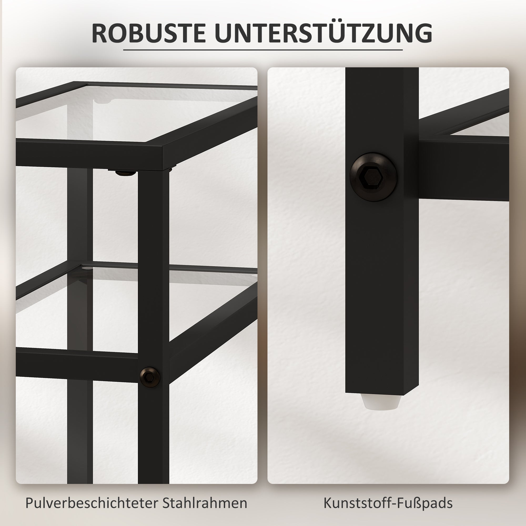 HOMCOM 3-stufiges Regal mit Glasplatten, 18 cm breit, Stahlrahmen, Querstangen, Schwarz