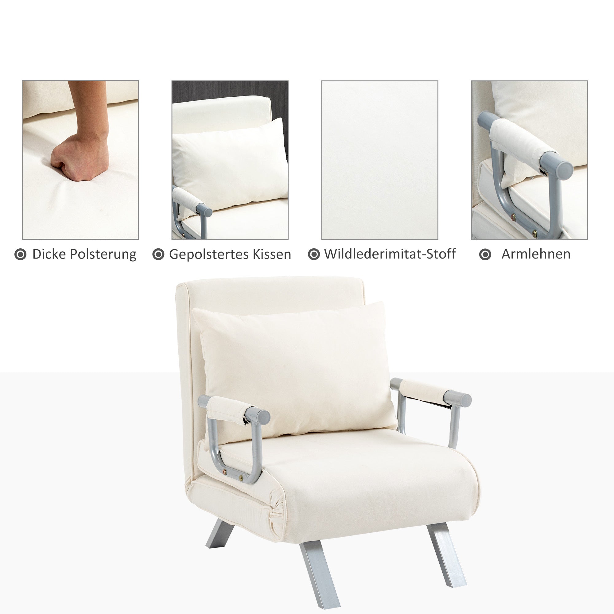 HOMCOM Relaxsessel Liegesessel Sessel, Liegefunktion, Gästebett, 65 cm x 69 cm x 80 cm, Cremeweiß