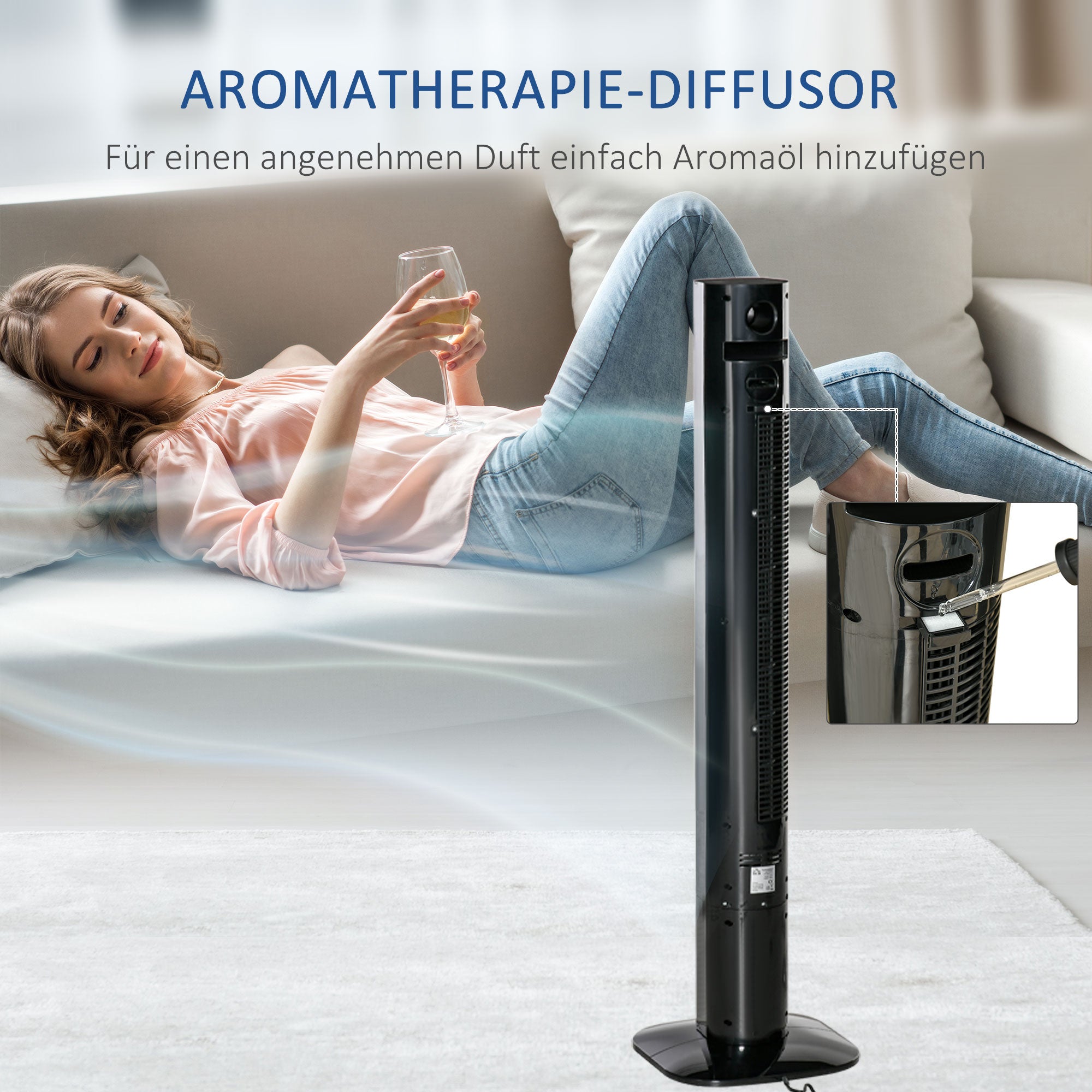 HOMCOM Turmventilator mit Fernbedienung 45W 70° Oszillation Säulenventilator Ventilator mit Aroma-Diffusor Timer-Funktion 3 Belüftungsstufen Schwarz