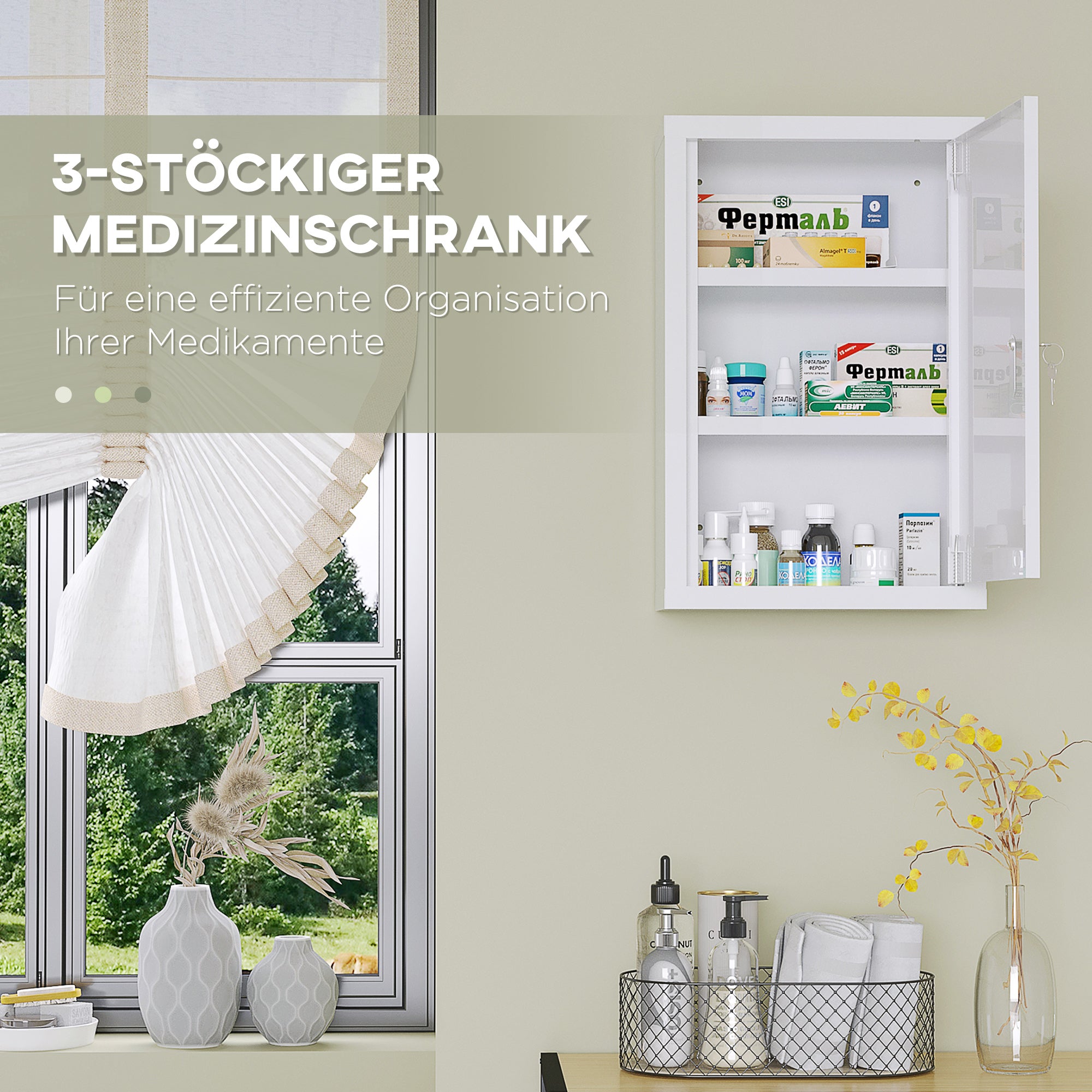 kleankin Medizinschrank, 3 Fächer, abschließbare Tür, stabiles Stahlgehäuse, weiß, 30 x 14 x 46 cm