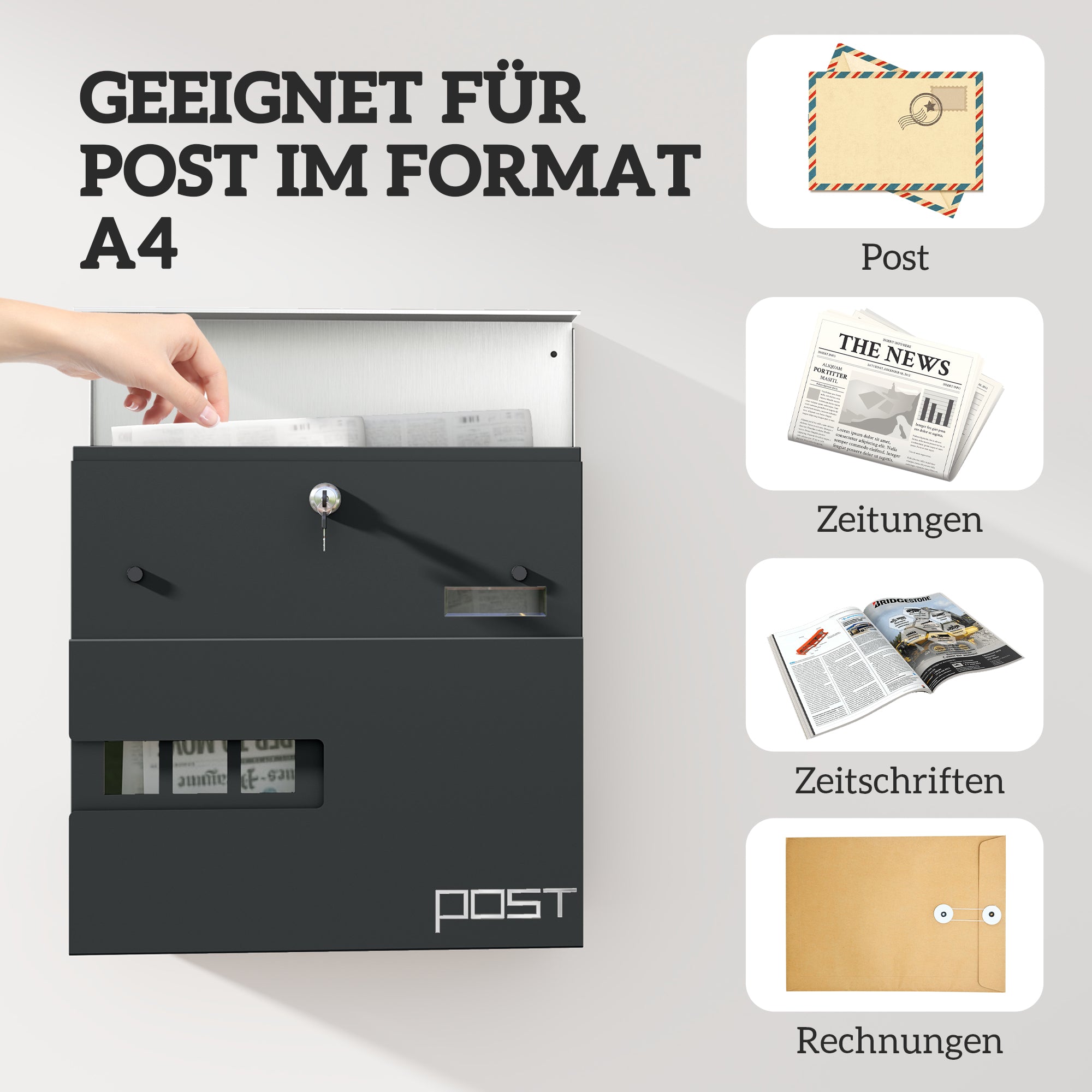 HOMCOM Briefkasten, Wandmontage, Abschließbar, Sichtfenster, Stahl, Grau