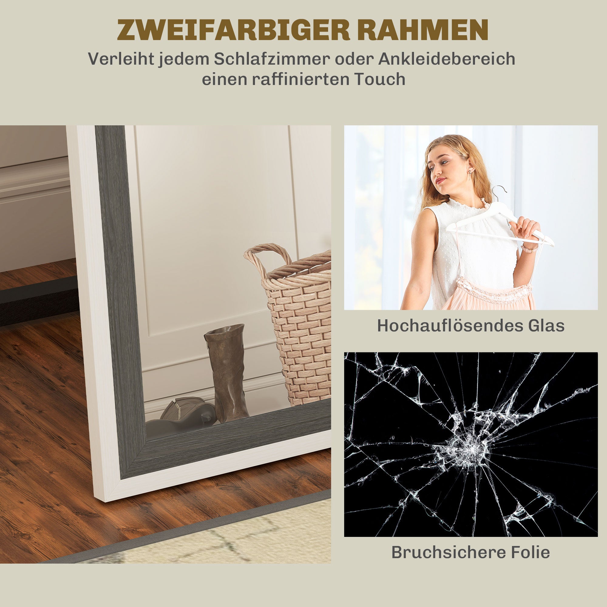 HOMCOM Ganzkörperspiegel, MDF-Rahmen, splitterfreie Folie, 162,6 x 53,3 cm, Grau