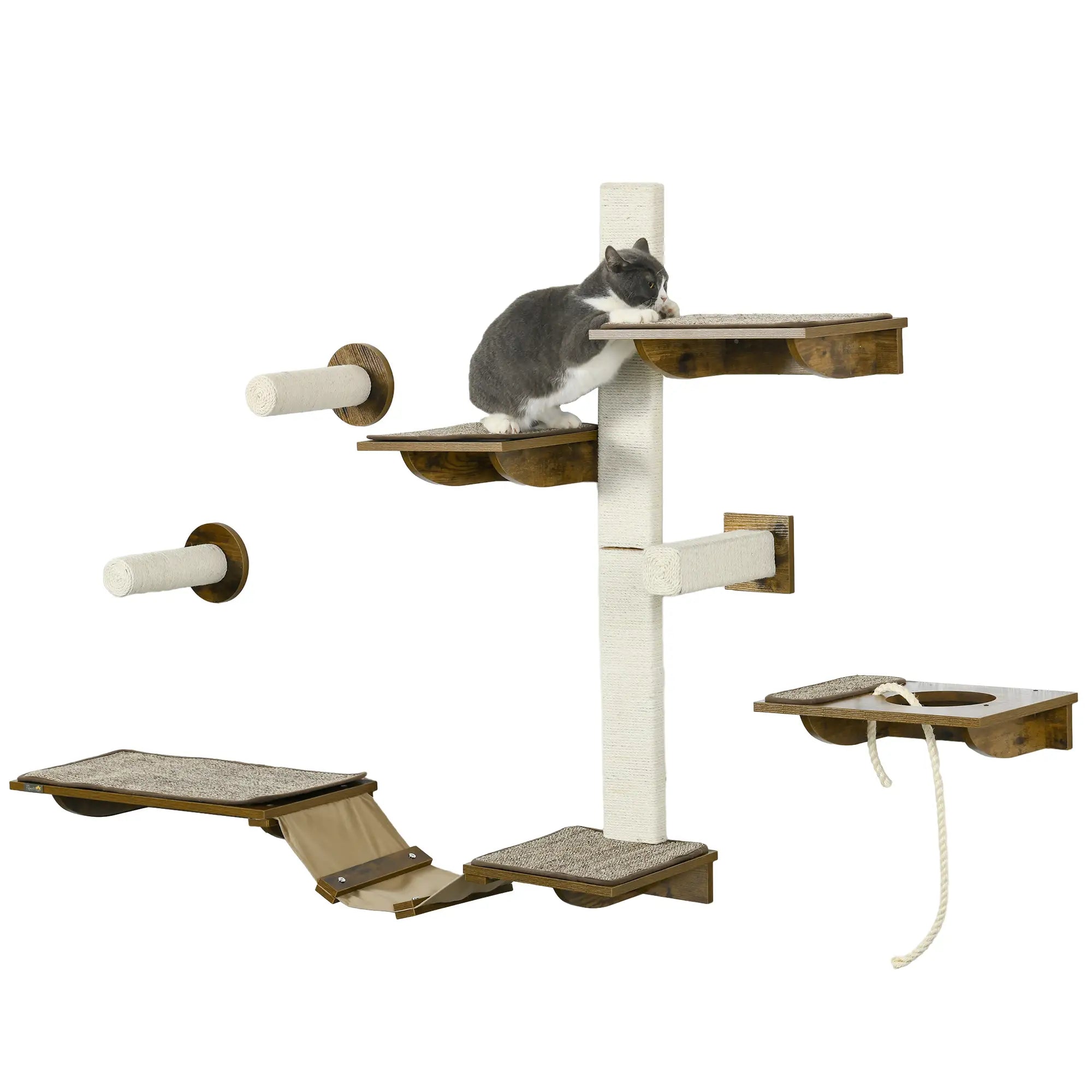 PawHut 8-teiliges Katzen Kletterwand Set Braun+Cremeweiß