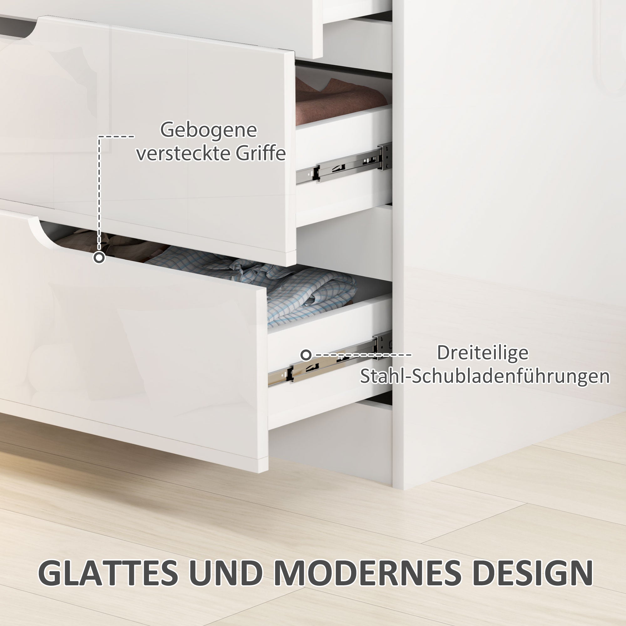 HOMCOM Moderne Kommode, Kleiderschrank, 4 Schubladen, Holz, Kippschutz, Fußpolster, Weiß