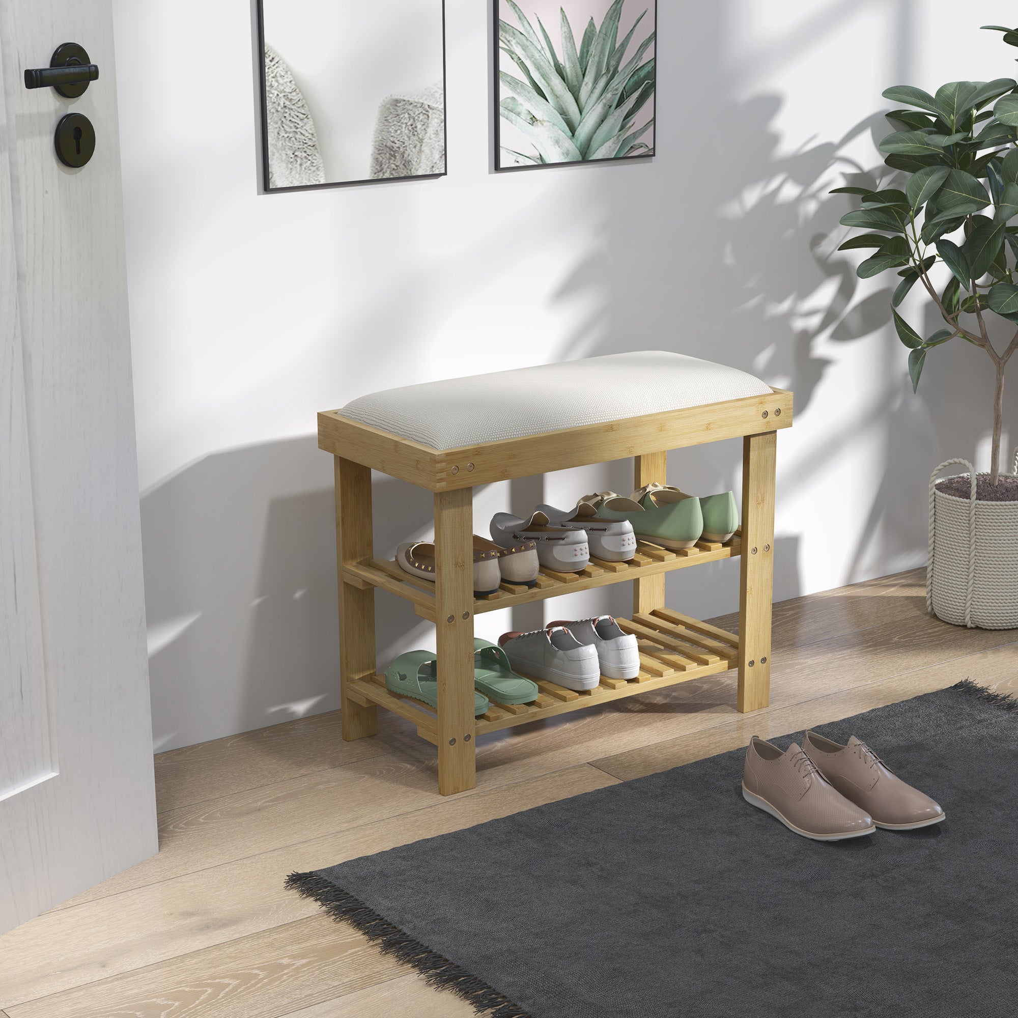 HOMCOM Schuhbank mit Sitzfläche, Bambus Sitzbank mit Stauraum, 2 offene Fächer, Sitzbank 60 x 29 x 49 cm Cremeweiß