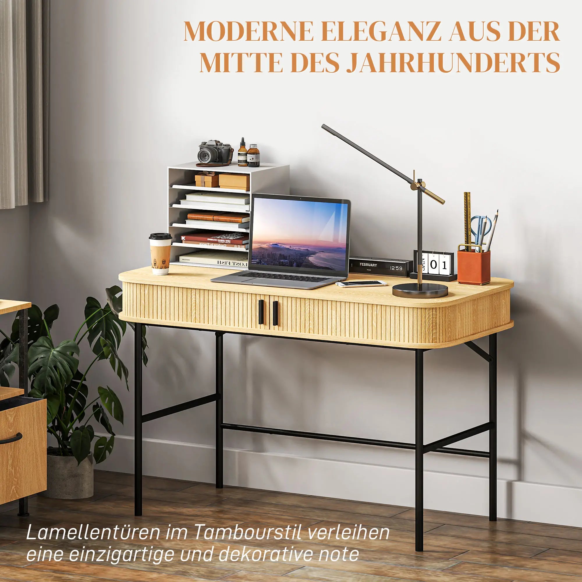 HOMCOM Schreibtisch mit Stauraum Lamellendekor Eiche