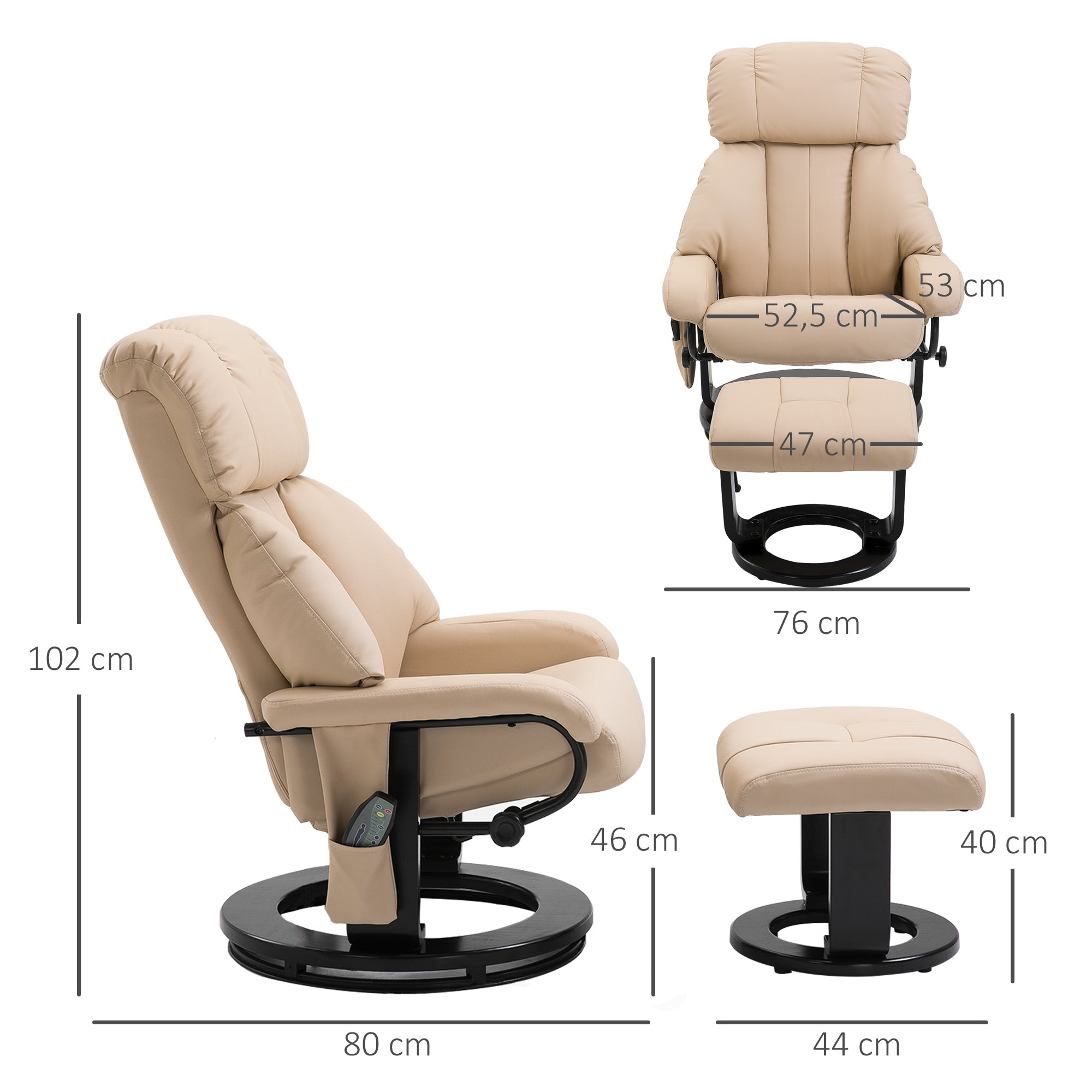 HOMCOM Relaxsessel mit Hocker, drehbarer Fernsehsessel mit Massagefunktion, Liegefunktion, Massagesessel mit Fernbedienung, Seitentasche, Ruhesessel aus Kunstleder für Wohnzimmer Cremeweiß