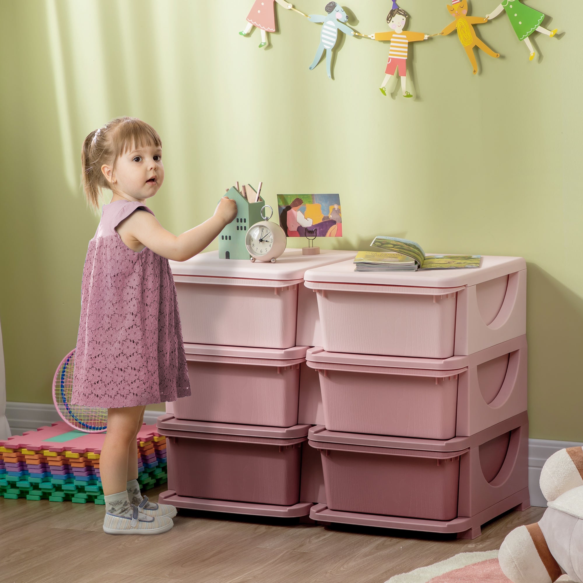 HOMCOM Aufbewahrungsbox für Kinder, Kinder-Aufbewahrungsbox, 3 Schubladen, Rosa