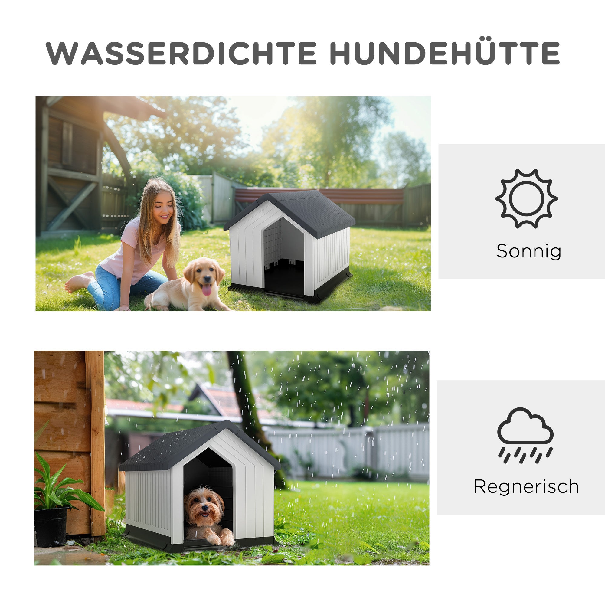 PawHut Hundehütte, wetterfest, Fenster & Tür, für kleine Hunde bis 10kg/40cm Länge, 62x61x60cm, Grau/Weiß