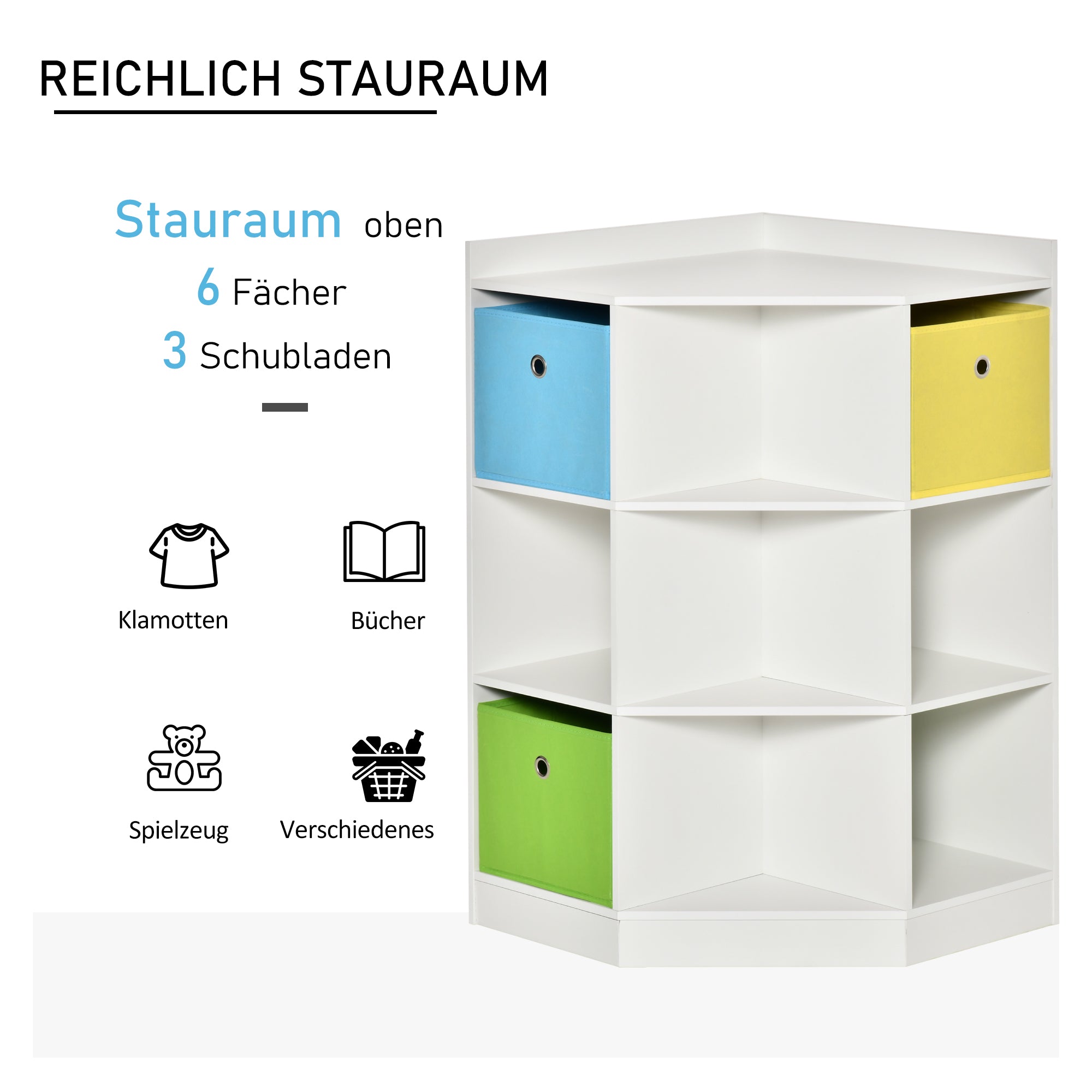HOMCOM Aufbewahrungsregal für Kinder, 3 Vliesschubladen, MDF, kippsicher, Weiß