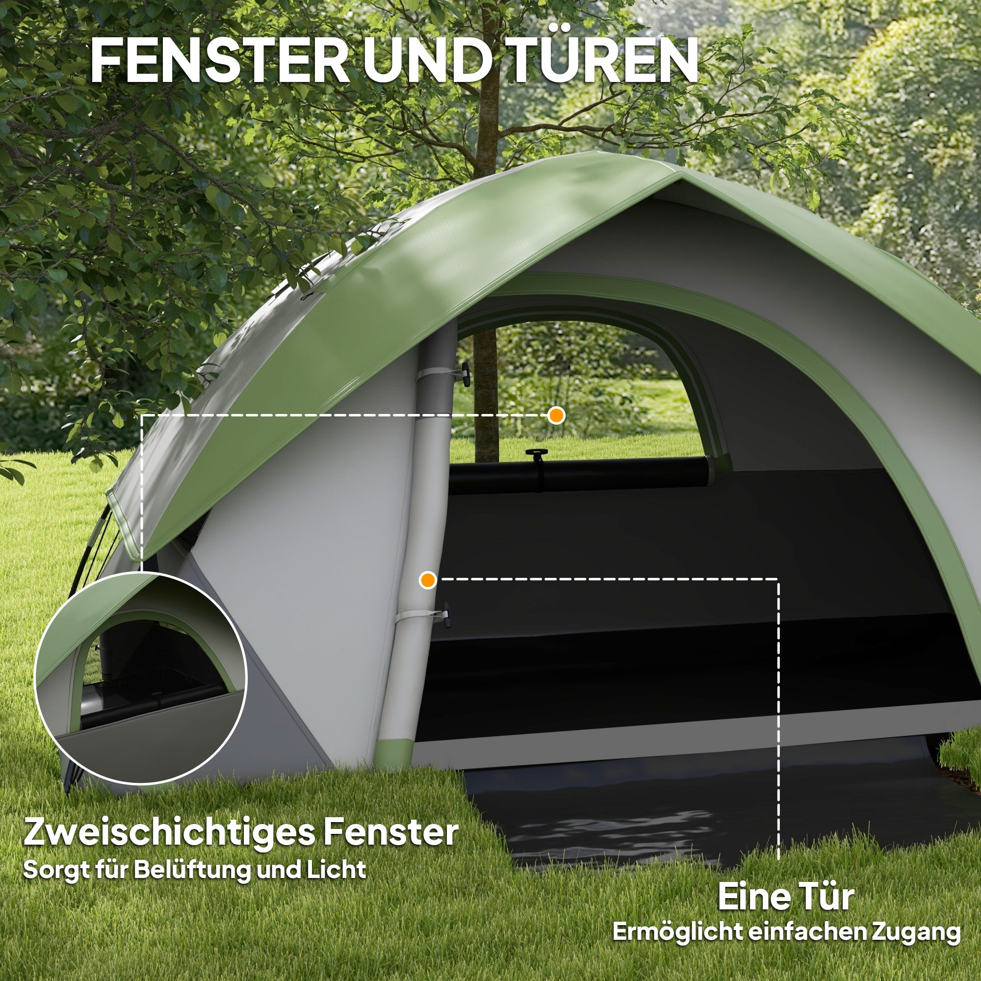 Outsunny Kuppelzelt für 2 Personen leicht, stabil wasserdicht Familienzelt mit Tür&Fenster Packtasche Grau+Grün