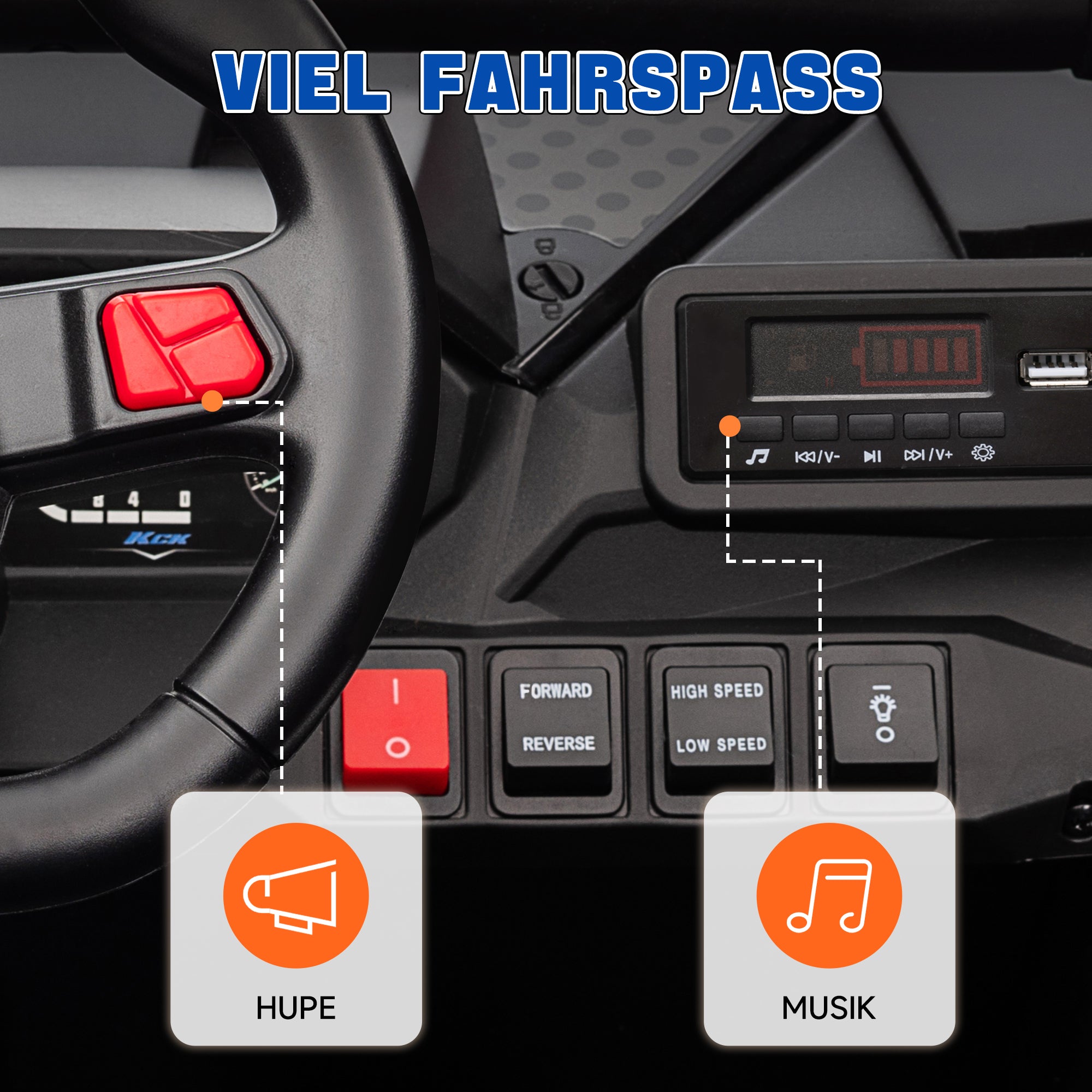 AIYAPLAY Kinderauto Elektro-UTV, 5-7 km/h, 2-Sitzer, Fernbedienung, Musik, Lichter, 1h Fahrtdauer, Blau