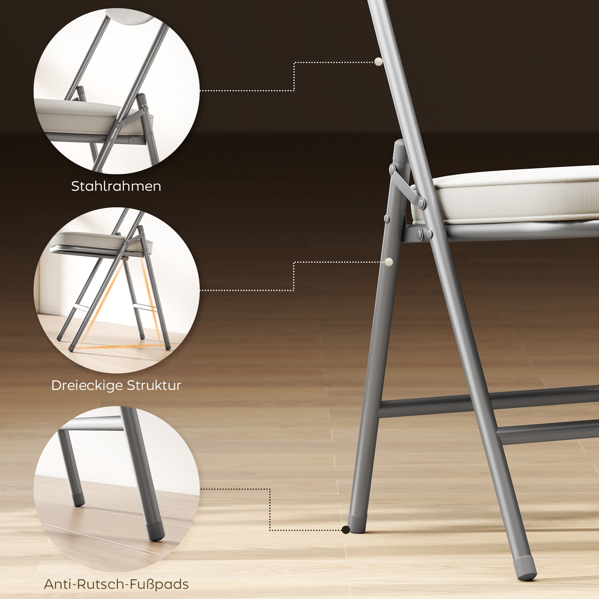 HOMCOM 4er-Set gepolsterte Klappstühle, Faltbare Stühle mit Cordbezug, Rückenlehne, Metallrahmen, Cremeweiß