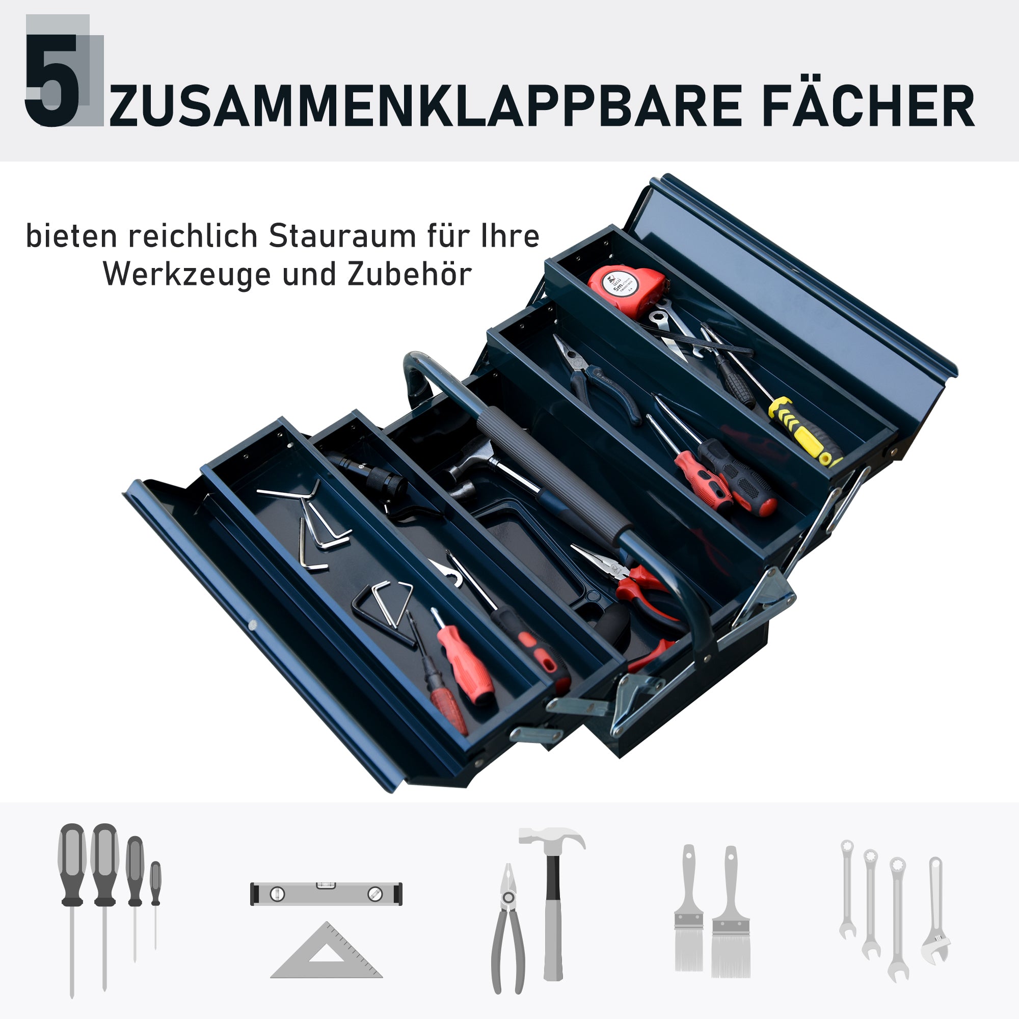 DURHAND Werkzeugkoffer Werkzeugkiste 5 Fächer aufklappbar Stahl (SPCC) Dunkelgrün 56 x 20 x 41 cm
