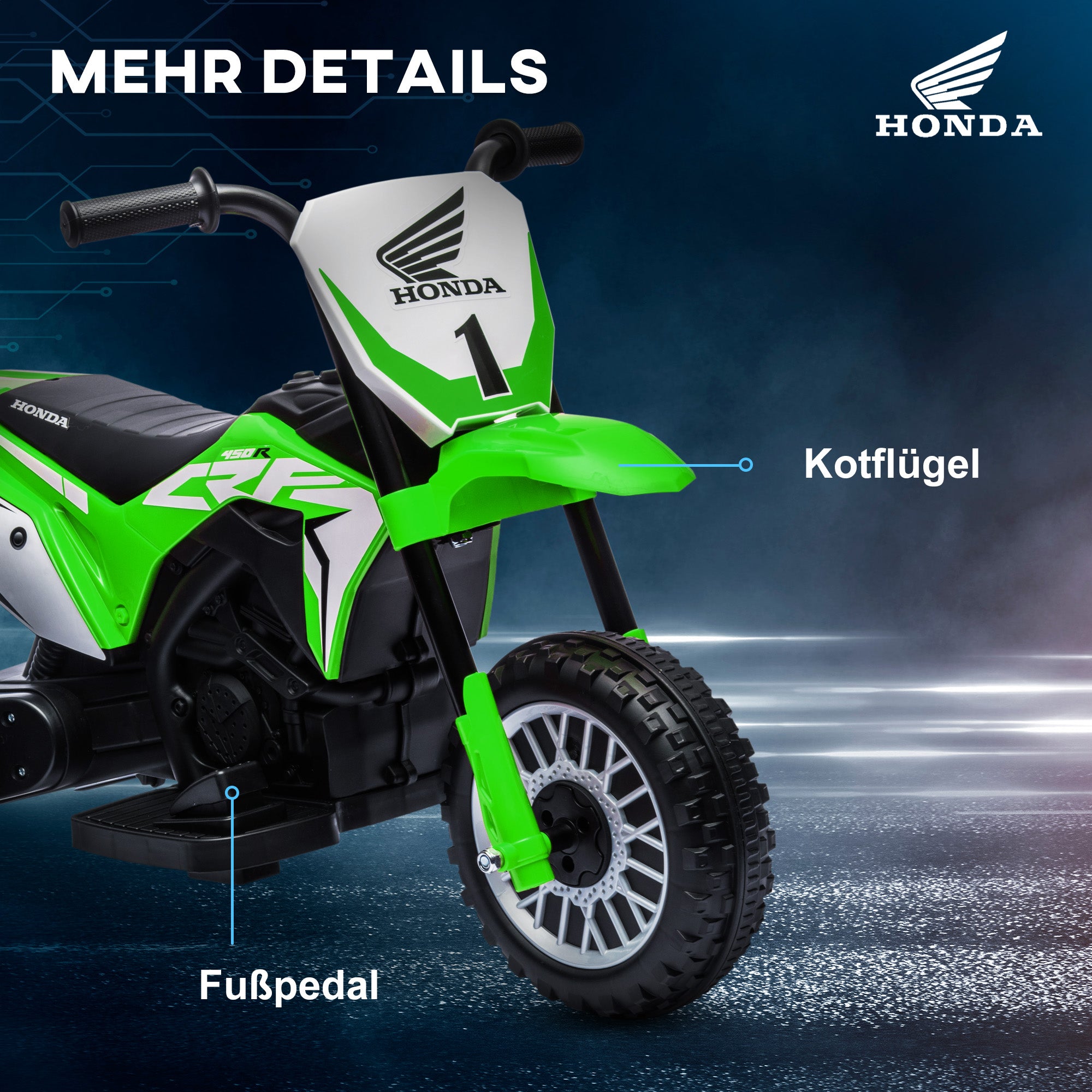 HOMCOM Elektro Kindermotorrad Honda, 3 km/h, Soundeffekte, für 18-36 Monate, Grün