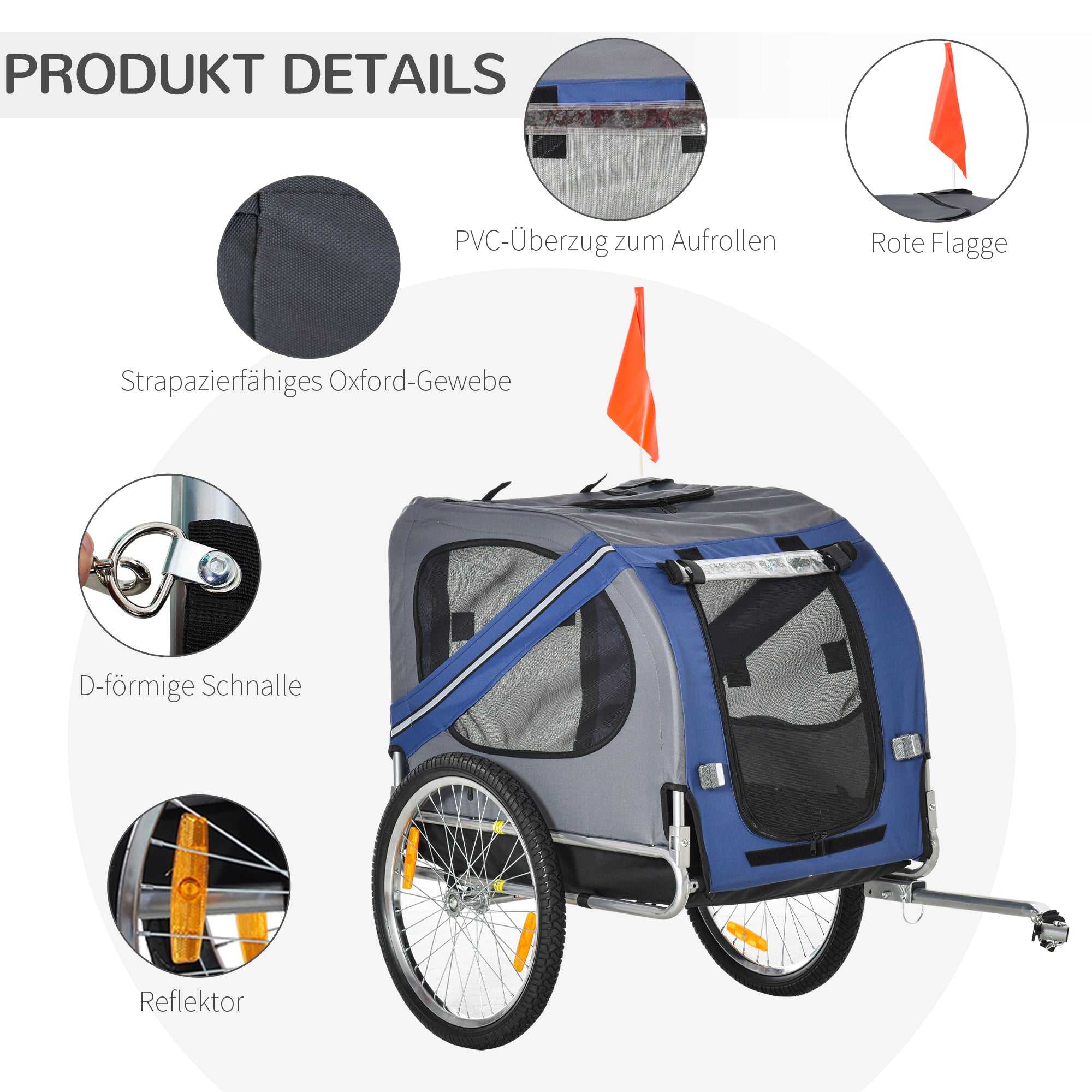 PawHut 2-in-1 Haustieranhänger Fahrradanhänger bis 20kg klappbar Regenschutz Sicherheitsfahne Reflektoren Stahl grau+blau 130 x 73 x 90cm