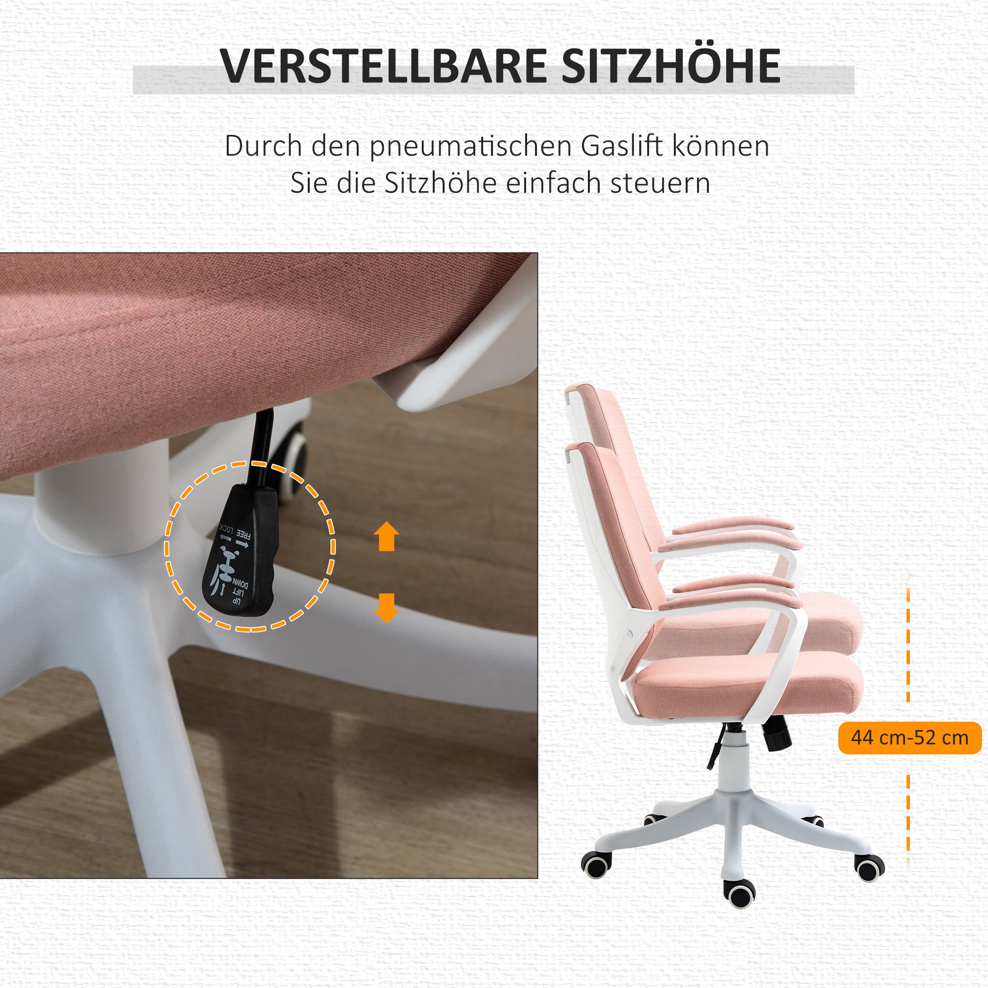 Vinsetto Bürostuhl Schreibtischstuhl Home-Office-Stuhl mit Wippenfunktion Rückenlehne höhenverstellbarer dick gepolstert ergonomisch 360°-Drehräder Polyester Nylon PP Rosa+Weiß 62x69x92-100 cm