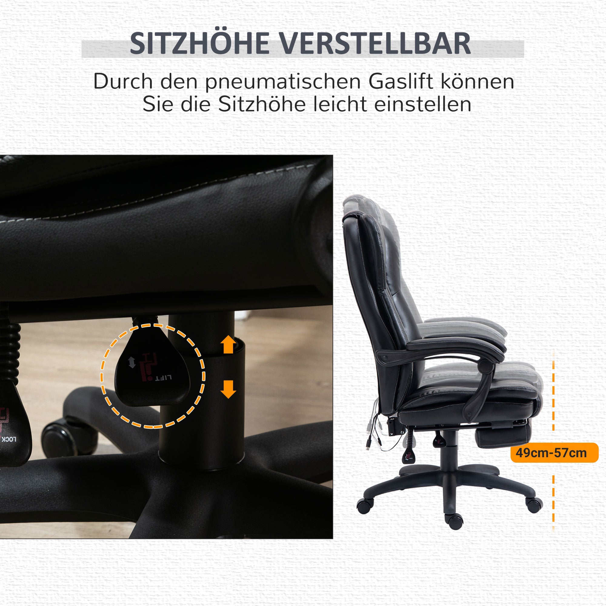 Vinsetto Verstellbarer Drehstuhl mit Fußstütze, Kopfstütze, Massagefunktion, Kunstleder, 68,5x68,5x113-121cm, Schwarz