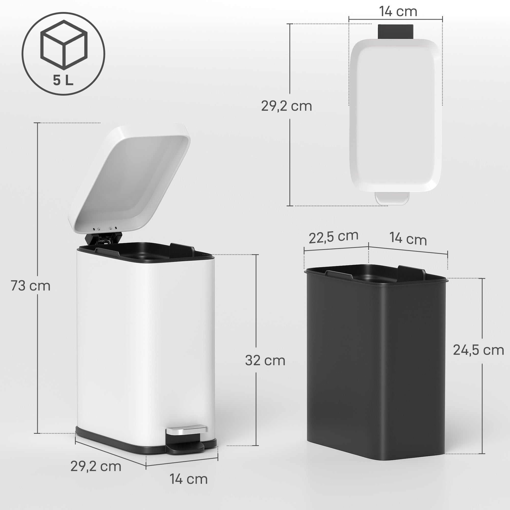 HOMCOM Mülleimer aus Metall, Abfalleimer, 5 L Fassungsvermögen, mit Fußpedal, mit Inneneimer, Weiß