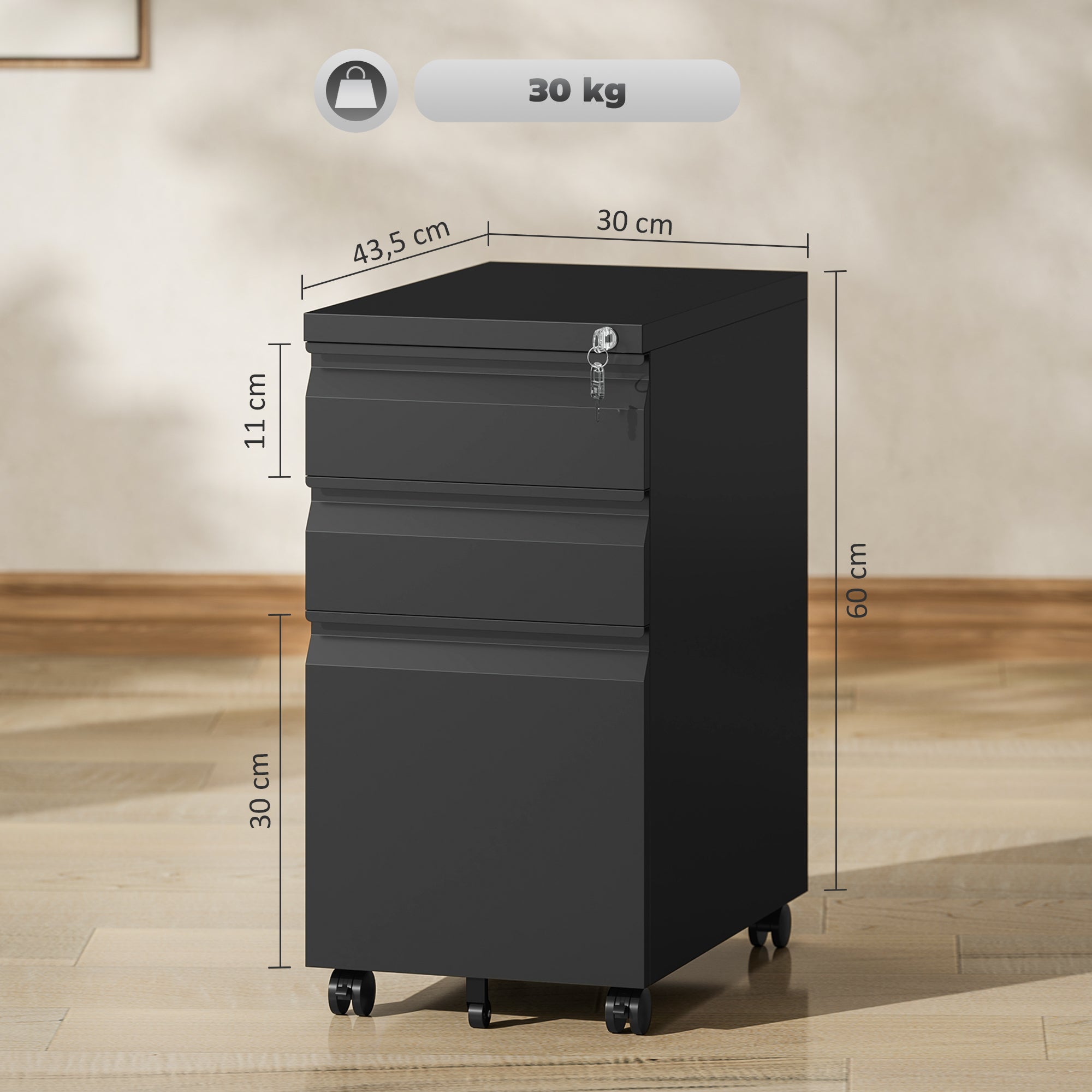Vinsetto Aktenschrank aus Metall, Büroschrank, 3 Schubladen, rollbar, Schwarz