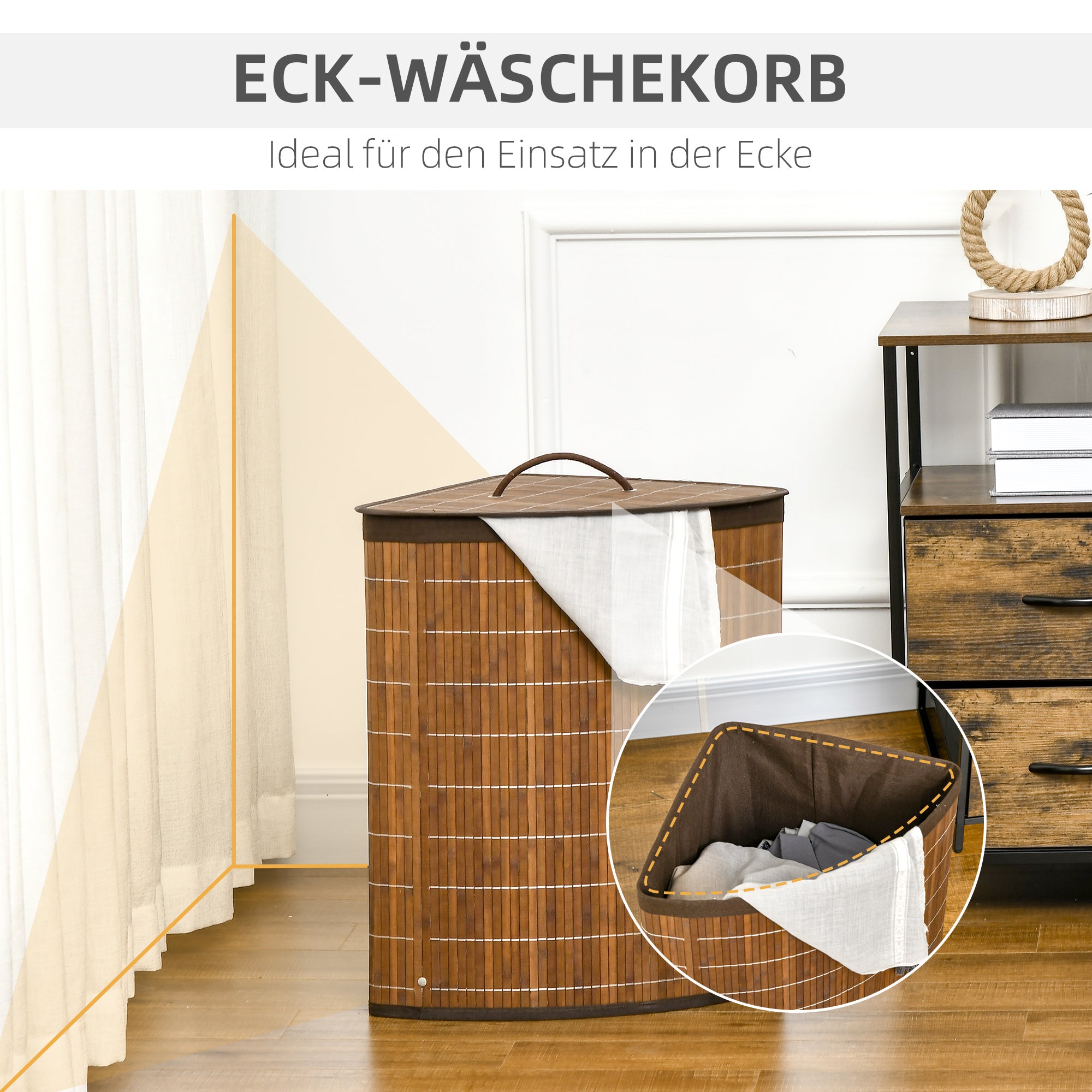 HOMCOM Wäschekorb Wäschesammler, 55L Fassungsvermögen, abnehmbarer Deckel, 38 cm x 38 cm x 57cm, Braun
