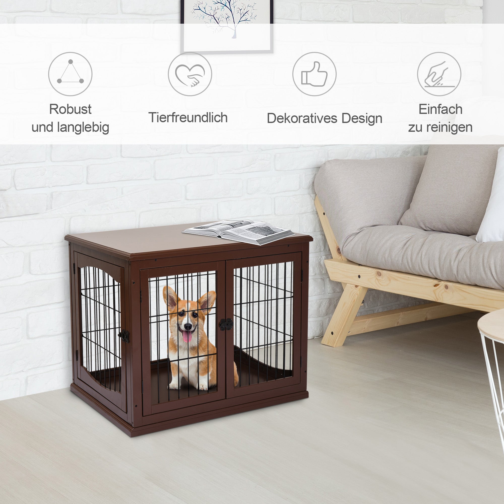 PawHut Hundebox, 2 Eingänge, abschließbar, MDF und Metall, 58,4 x 81,3 x 66 cm, Schwarz