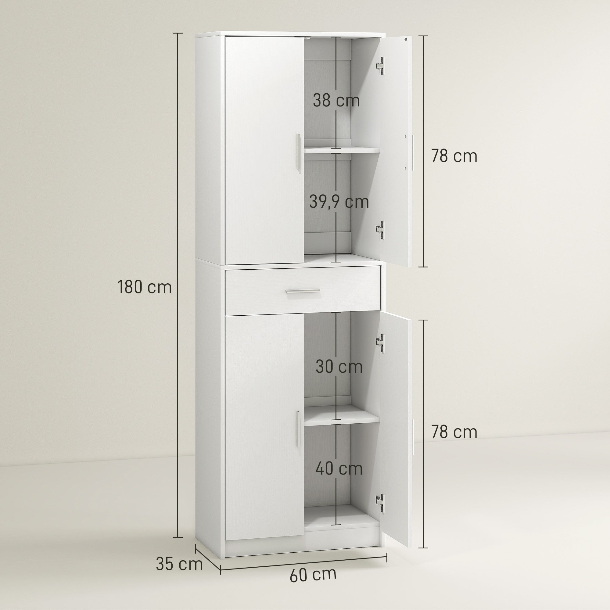 HOMCOM Küchenschrank, 3-stufig verstellbare Regale, Spanplatten, MDF, viel Stauraum, Weiß