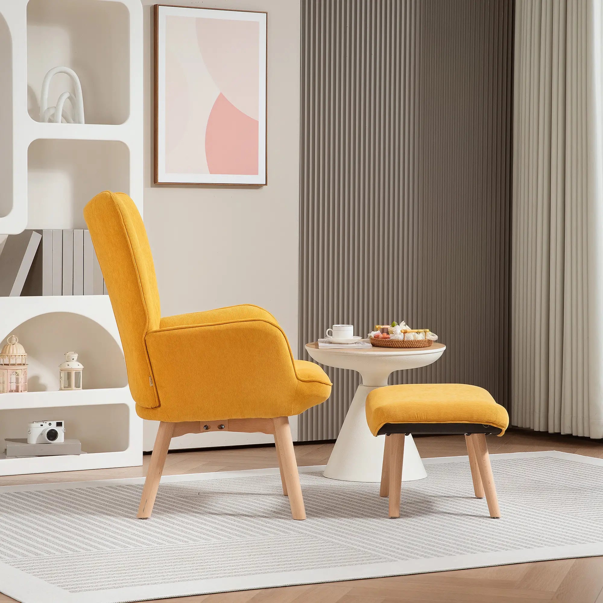 HOMCOM Akzentsessel mit Hocker, Relaxsessel in Cord-Optik, Armlehnstuhl mit Holzbeinen, für Wohnzimmer, Orange