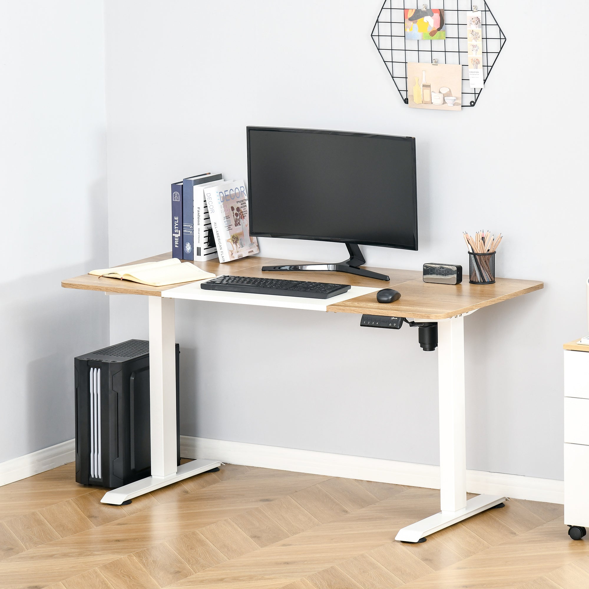Vinsetto Höhenverstellbarer Schreibtisch Elektrisch 140 x 70 cm Computertisch mit 4 Memory-Steuerung, 4 tlg. Tischplatte, Steh-Sitz Tisch mit Anti-Kollision, Überhitzungsschutz Weiß