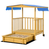 Outsunny Sandkasten Sandkasten mit Spielhaus Sandkasten mit Dach, 133 x 129 x 137, 5 cm, Natur + Blau, 133cm x 129cm x 137,5cm