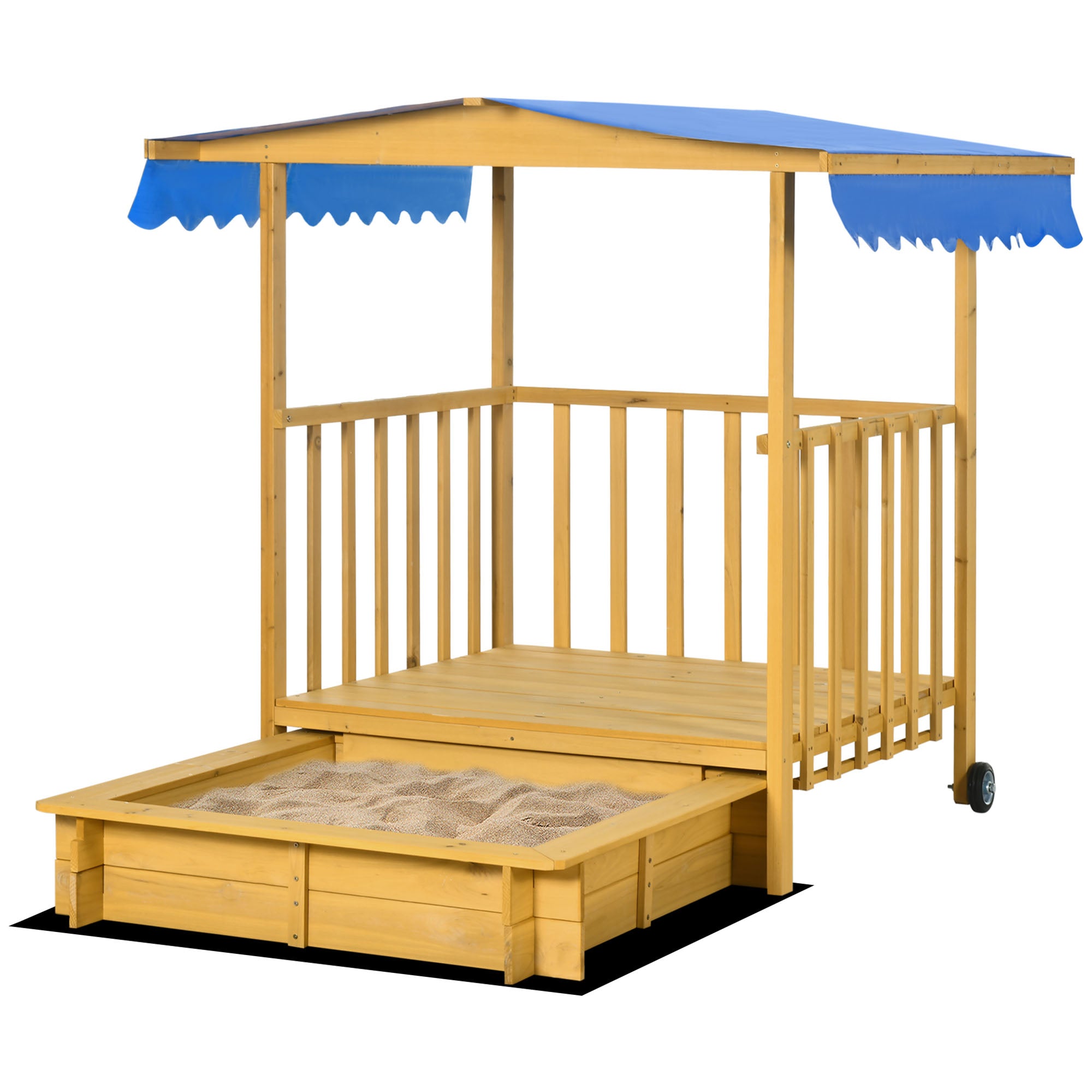 Outsunny Sandkasten Sandkasten mit Spielhaus Sandkasten mit Dach, 133 x 129 x 137, 5 cm, Natur + Blau