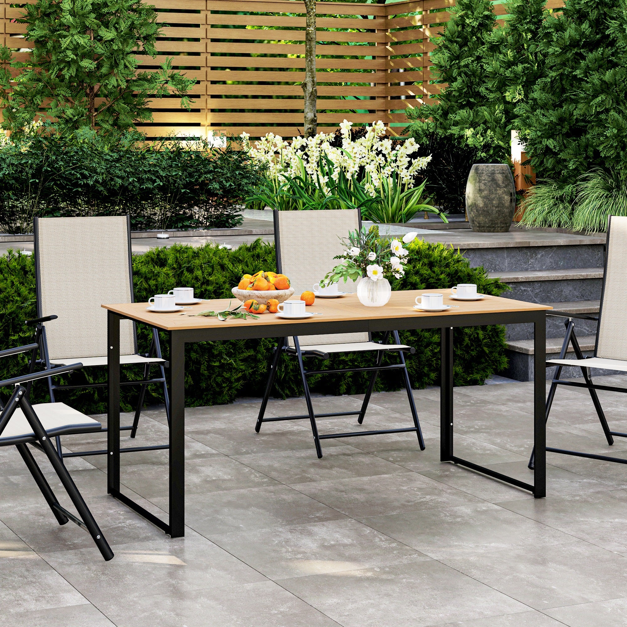 Outsunny Gartentisch für 6 Personen 160 x 80 cm Wetterfest Balkontisch mit Lamellen-Tischplatte, Buffettisch Outdoor Teak