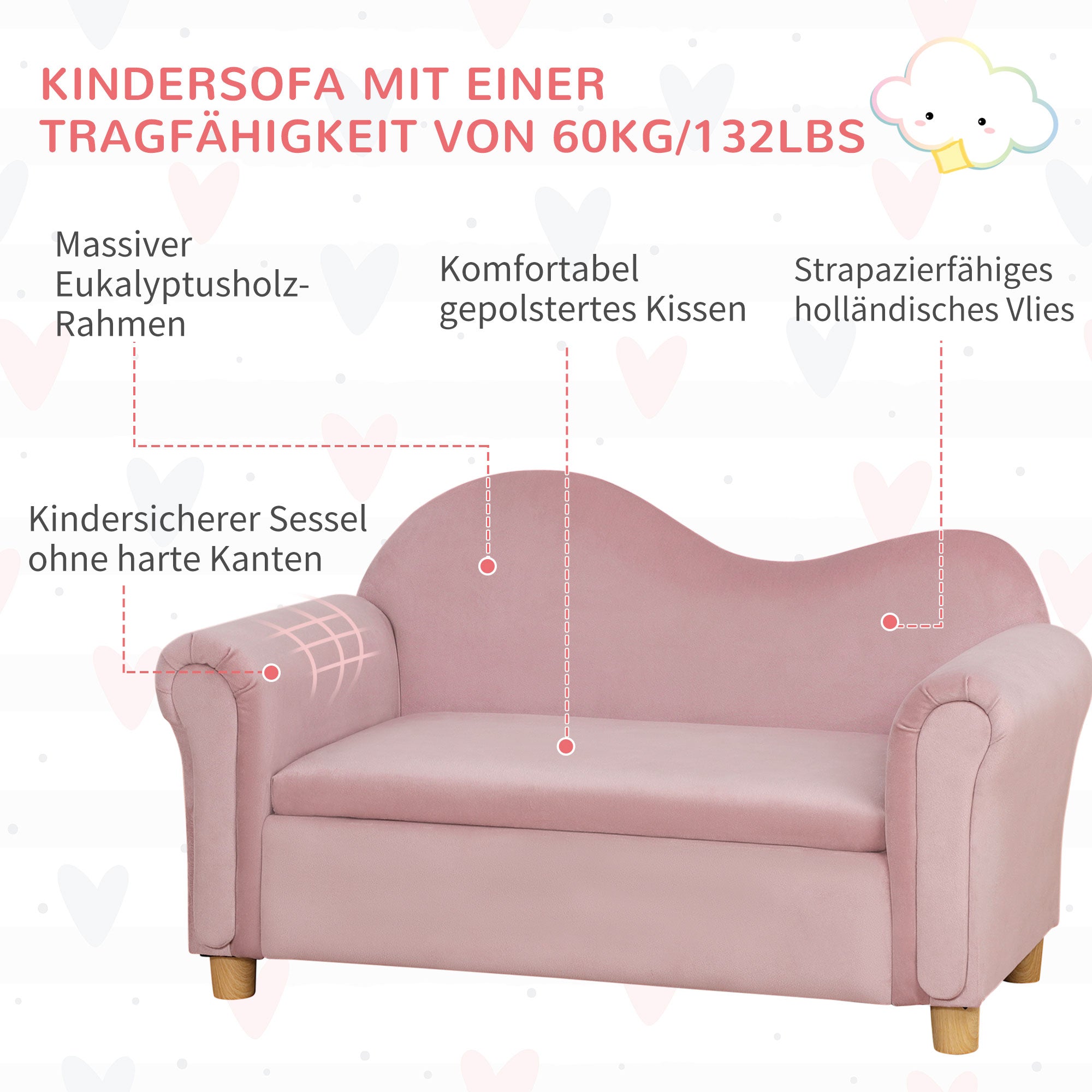 HOMCOM Kindersofa, Zweisitzer für Kinder 3-5 Jahre, Stauraum, Naturholzrahmen, 84 x 41,5 x 48,5cm, rosa