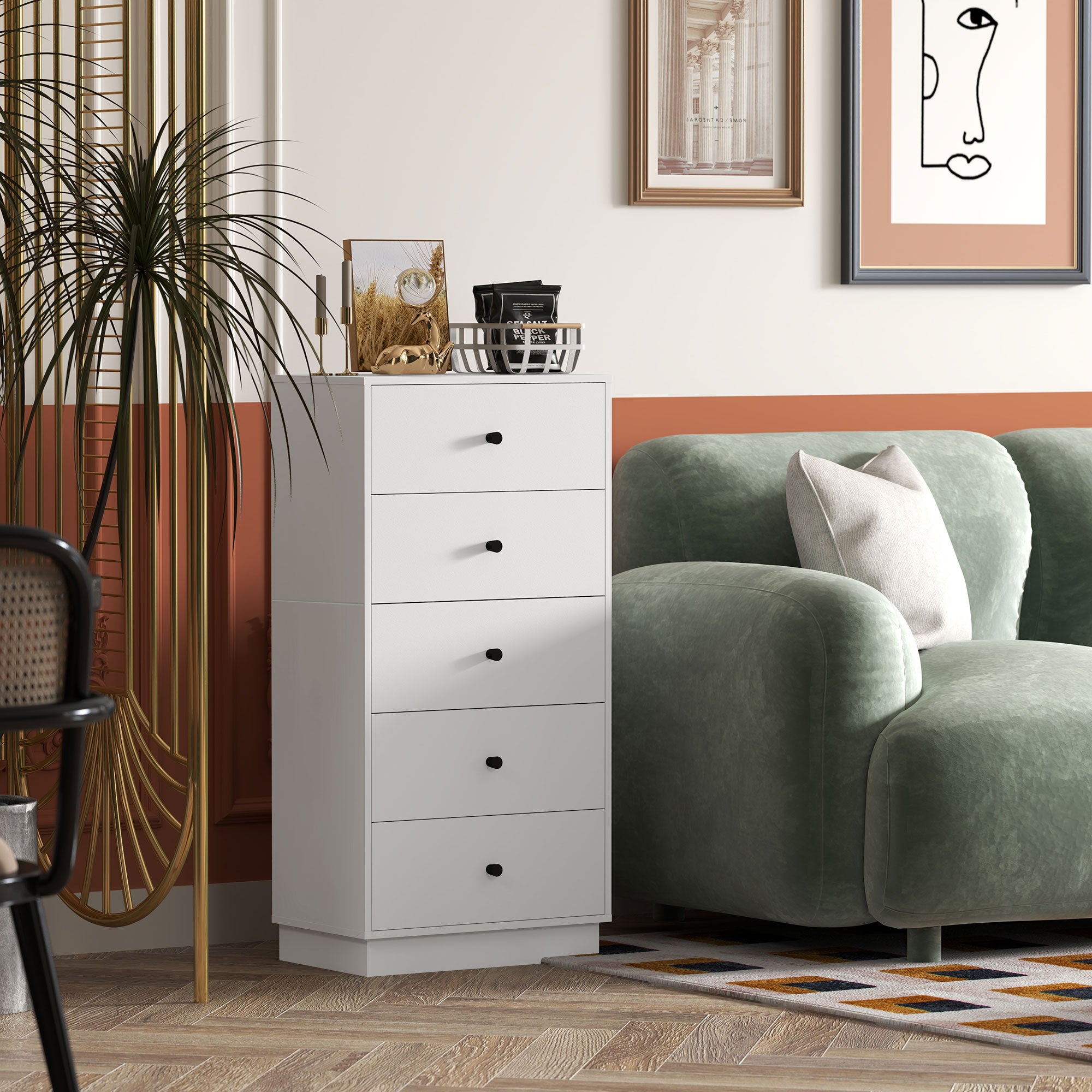HOMCOM Kommode Sideboard mit 5 Schubladen Schrank aus Holzwerkstoff im Modern Stil 47 x 29 x 95 cm Weiß