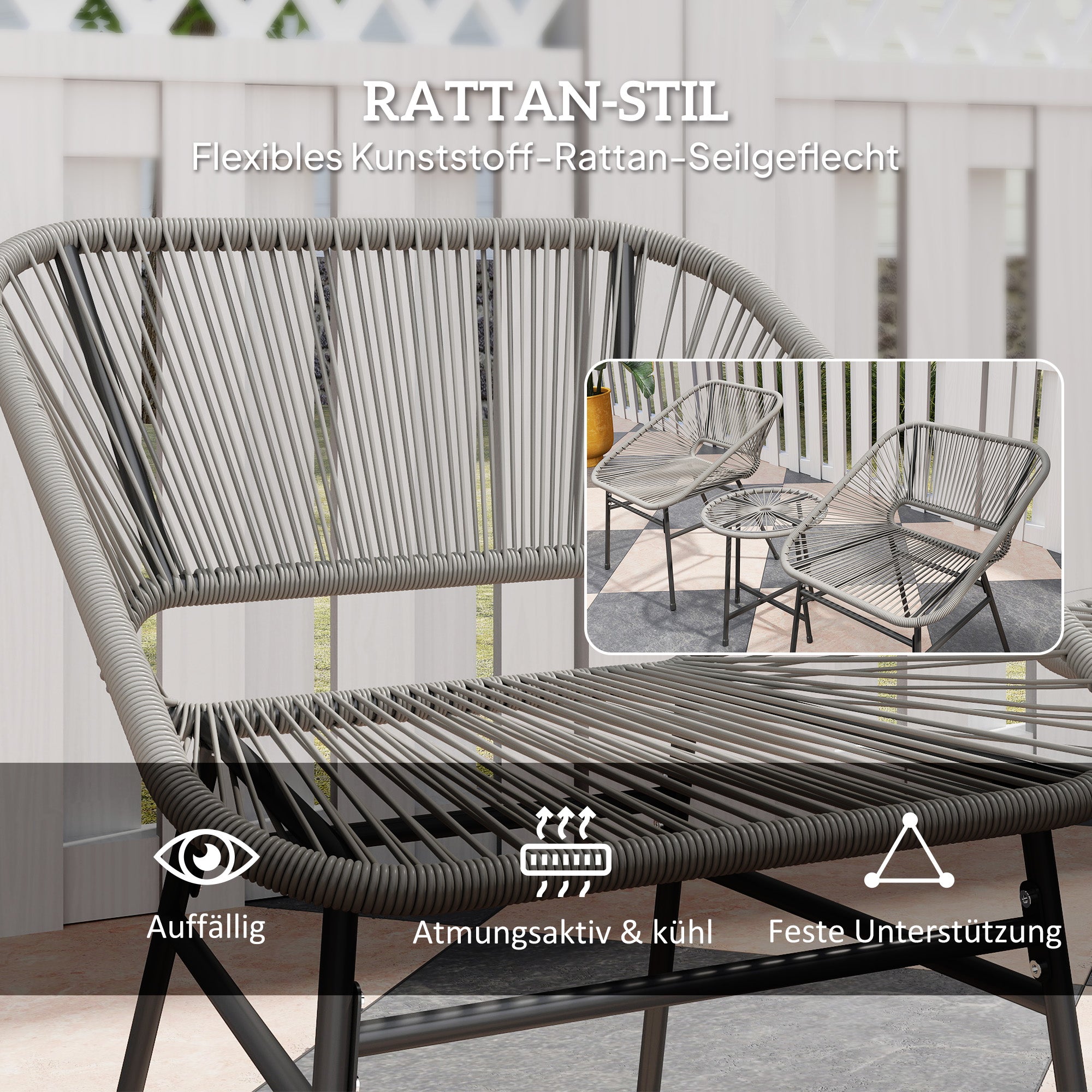 Outsunny 3-teiliges Outdoor-Möbelset, 1 Tisch, 2 Stühle, Rattan-Geflecht, Stahlrahmen, Kaffeetisch mit Glasplatte, Dunkelgrau