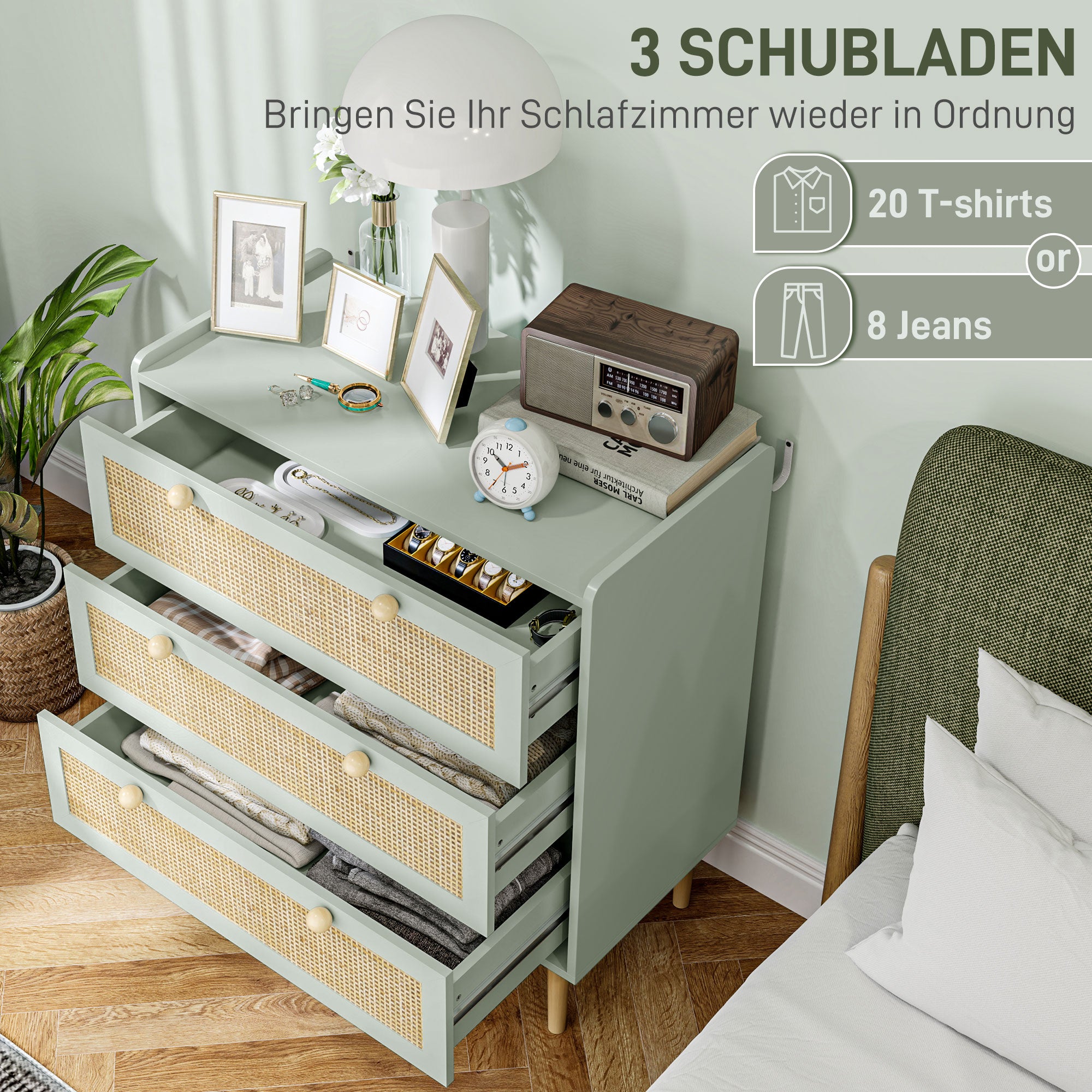 HOMCOM Schlafzimmer-Kommode mit 3 Schubladen, Rattan-Fronten, Kleiderkommode für Flur, Eingangsbereich, MDF, Grün