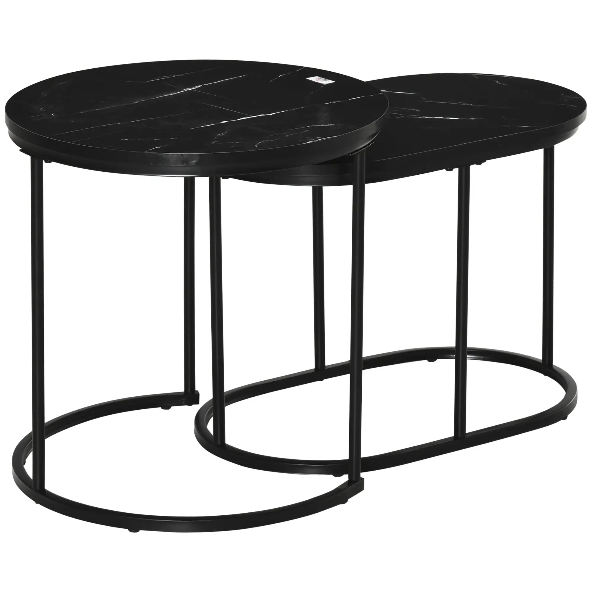 HOMCOM 2er-Set Couchtisch, Ovaler und runder Kaffeetisch, stapelbar, Marmoroptik, MDF, Metall, Ø50 x 50,5H cm, Schwarz