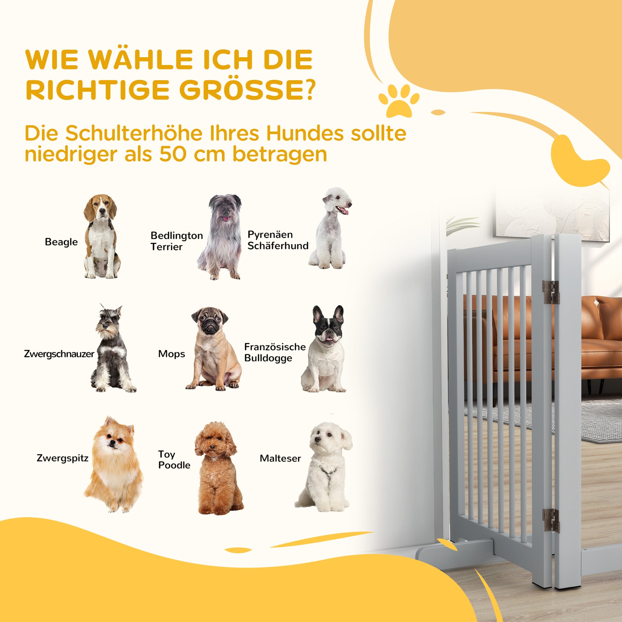 PawHut Freistehendes Hundegitter, 4 Paneele, flexibel, Kiefernholz, 204L x 36B x 75H cm, Hellgrau